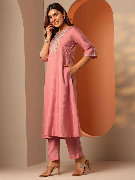Peach Embroidered Silk Blend A-Line Kurta Set