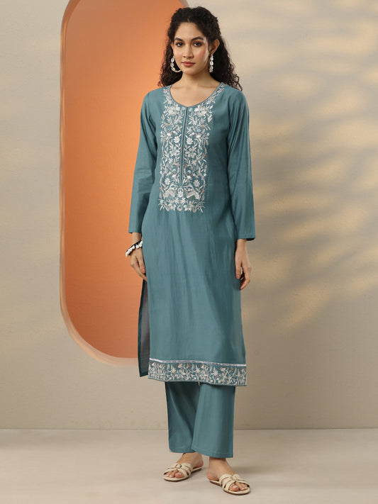 Blue Embroidered Silk Blend  Straight Kurta Set