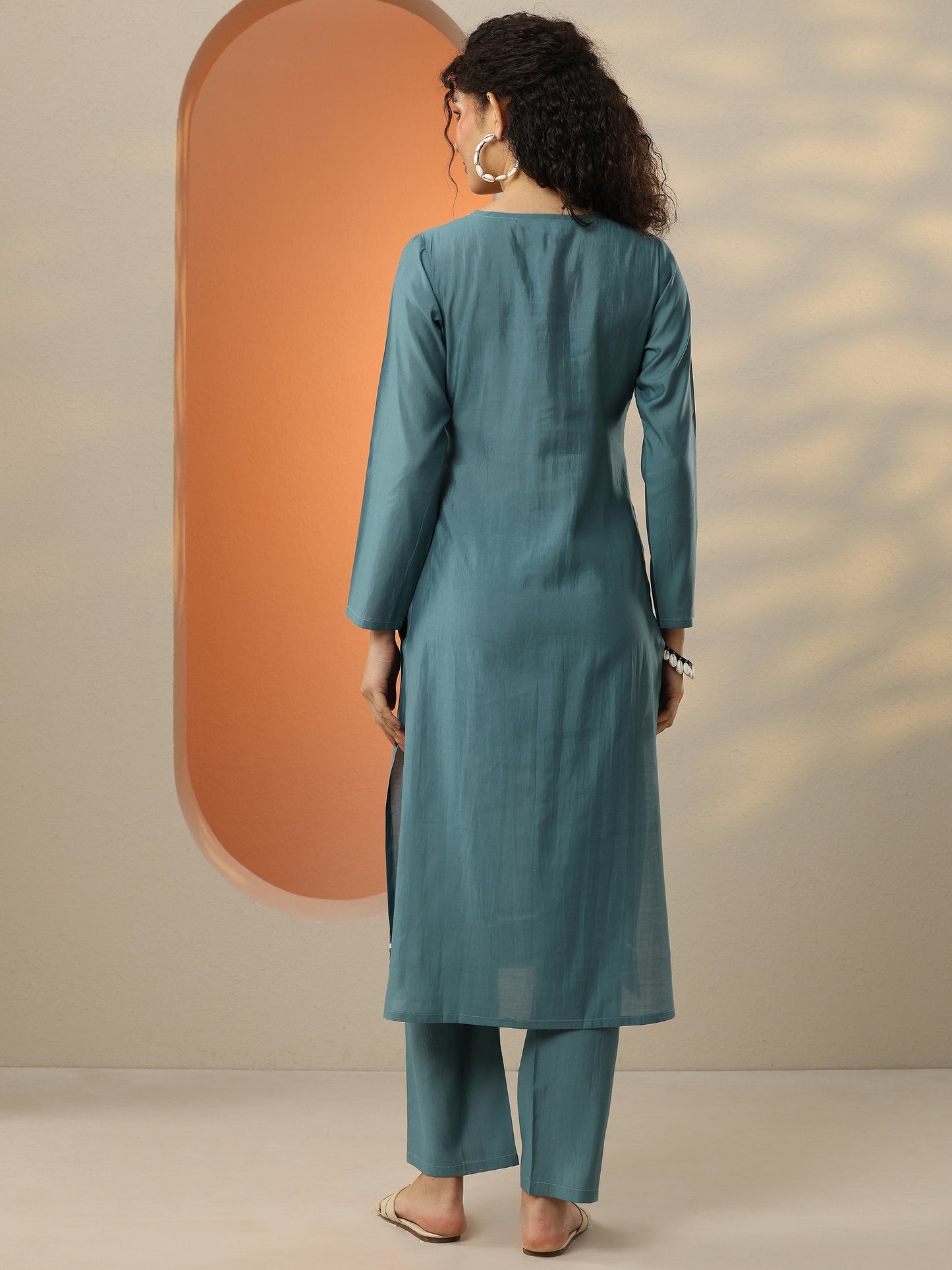 Blue Embroidered Silk Blend  Straight Kurta Set