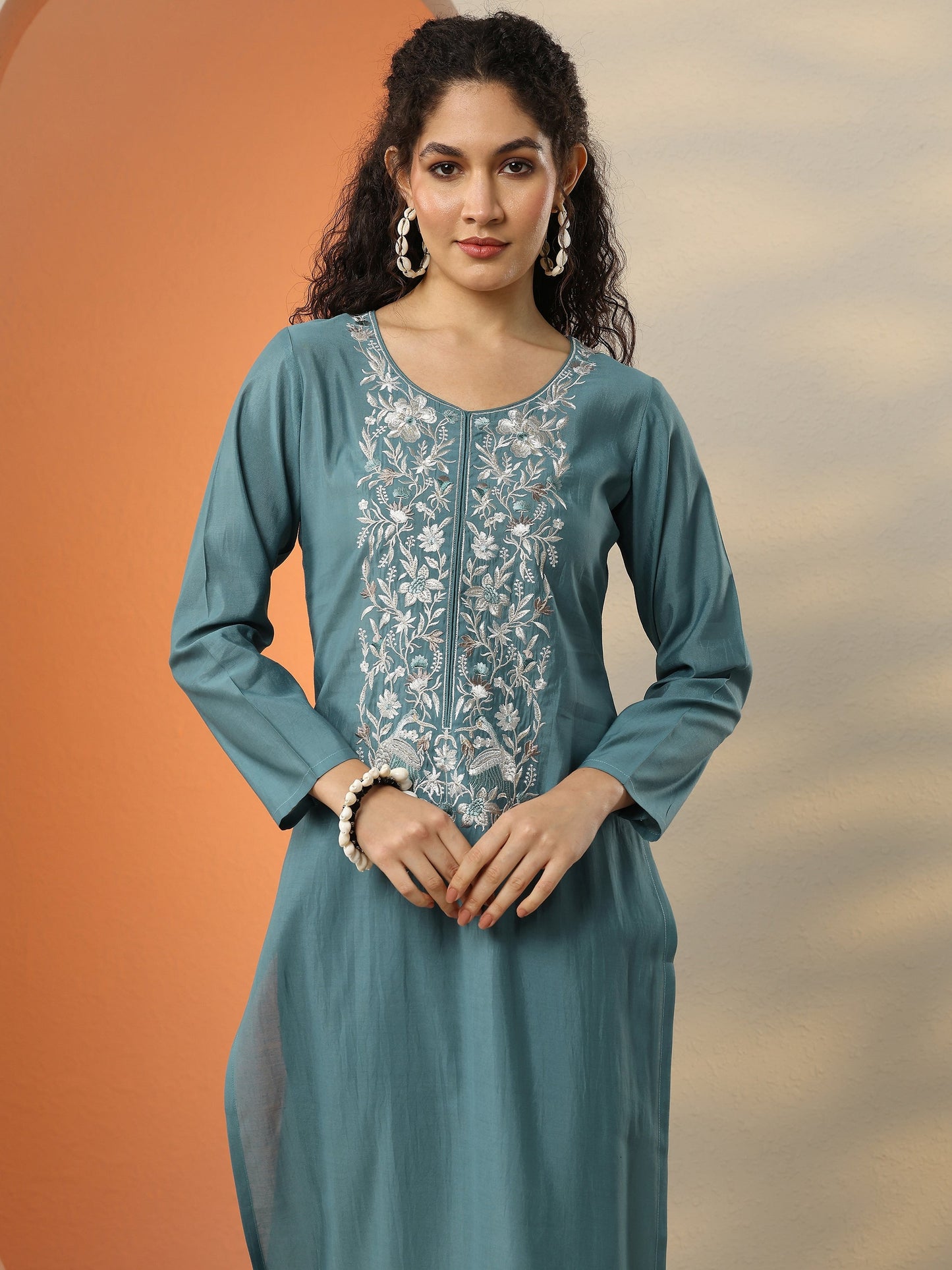 Blue Embroidered Silk Blend  Straight Kurta Set