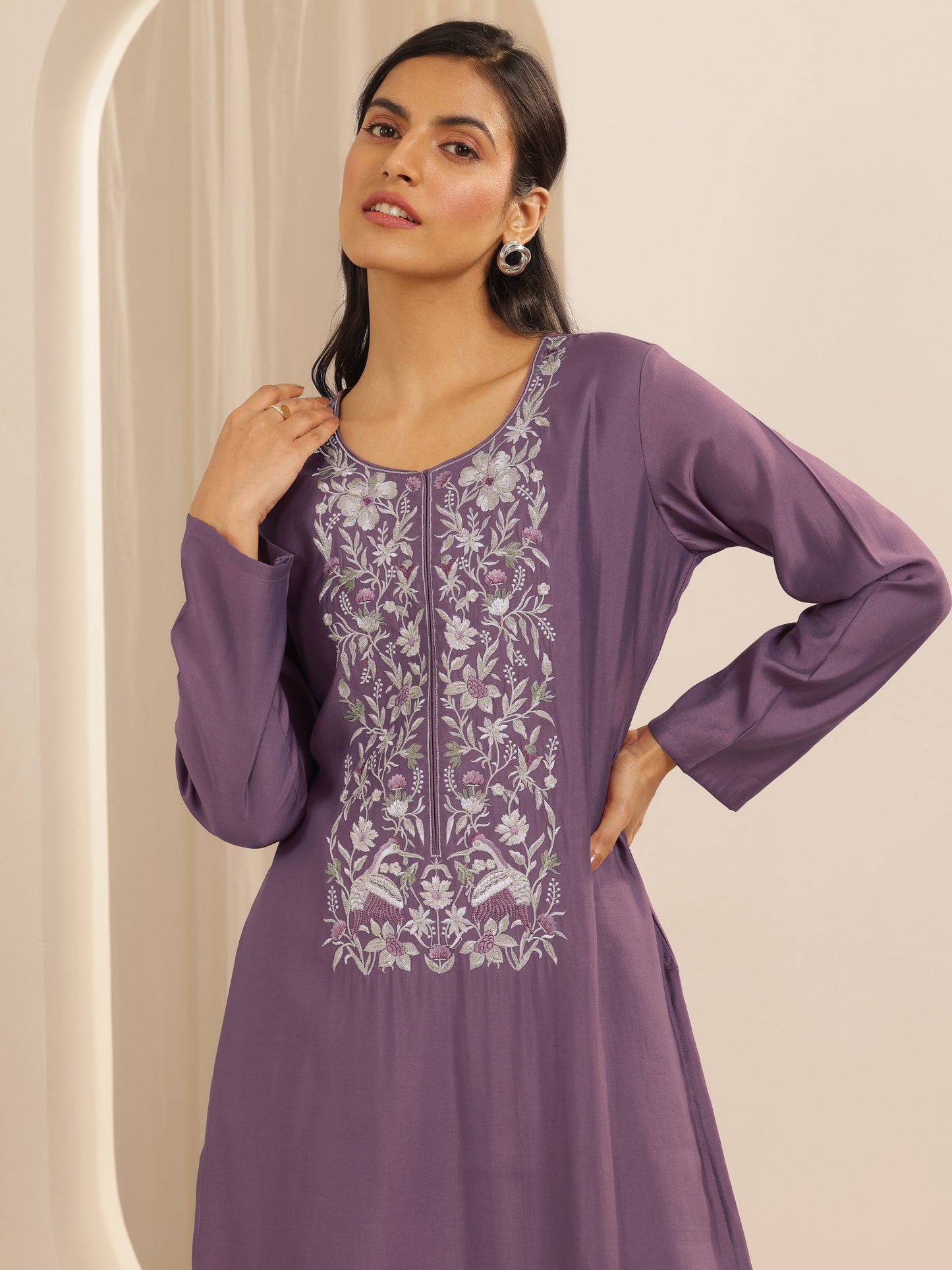 Mauve Embroidered Silk Blend Straight Kurta Set