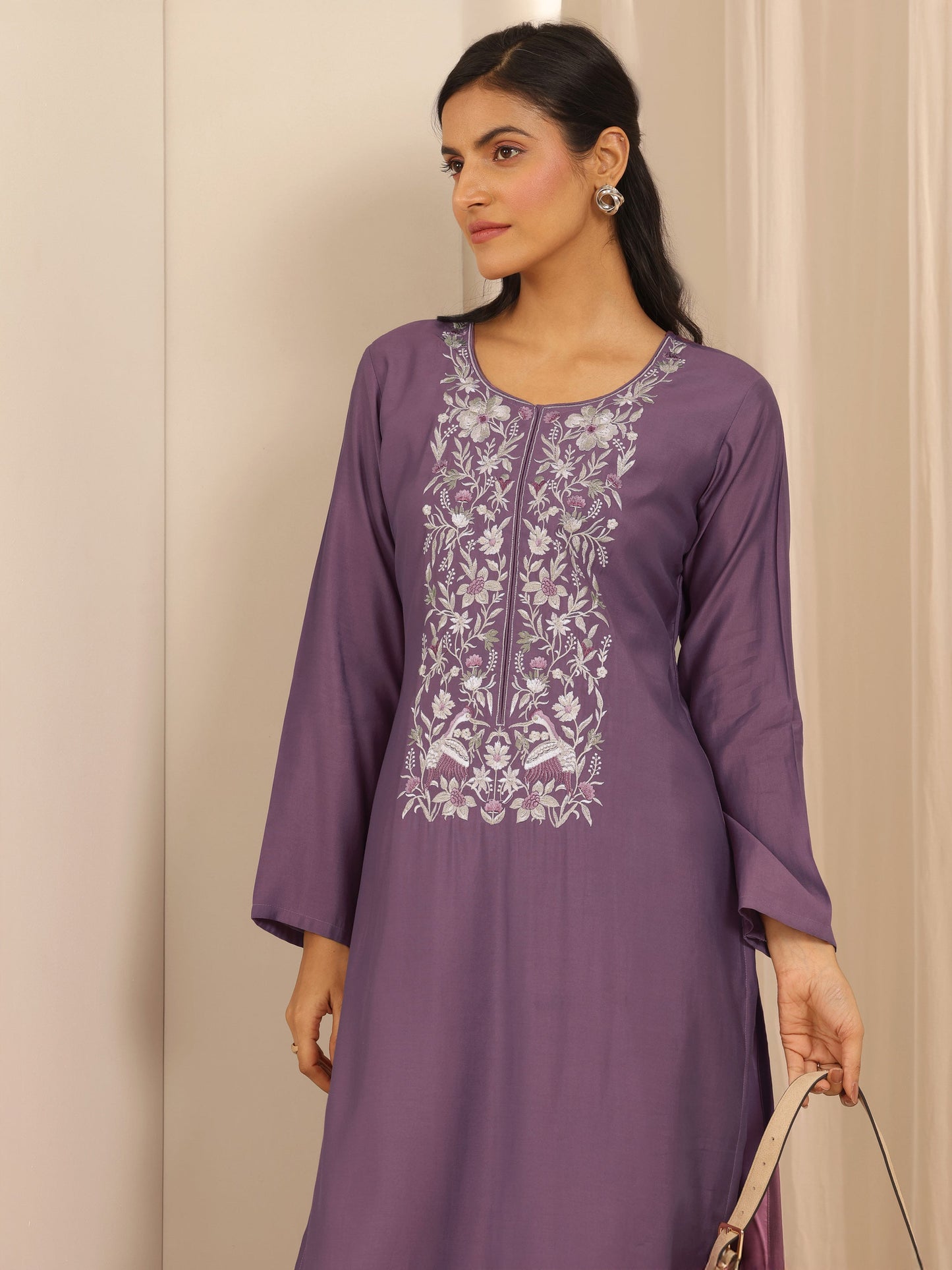 Mauve Embroidered Silk Blend Straight Kurta Set