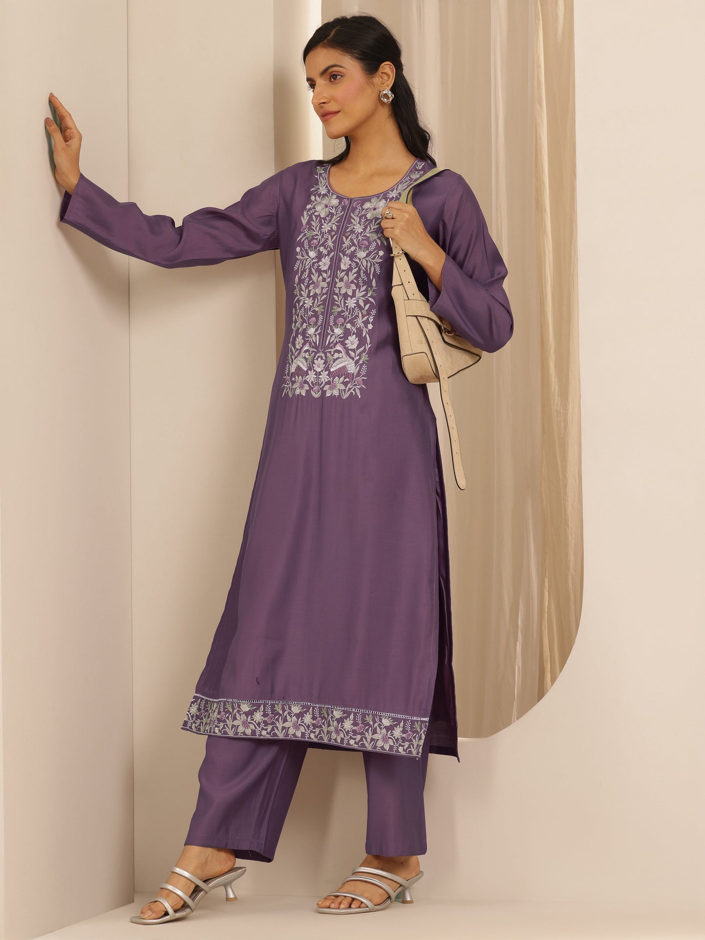 Mauve Embroidered Silk Blend Straight Kurta Set