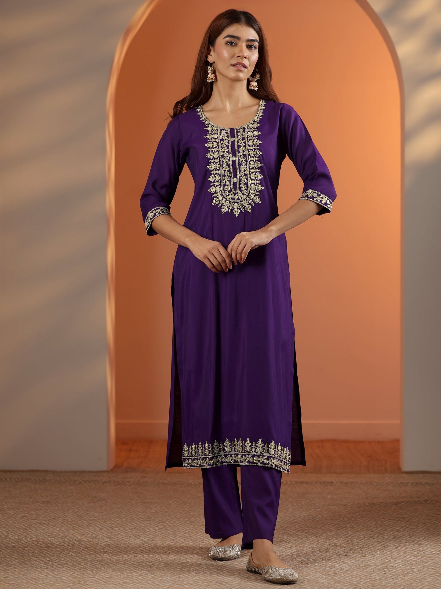 Purple Embroidered Silk Blend Straight Kurta Set