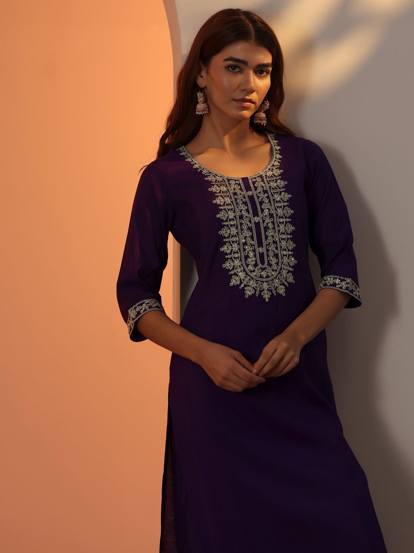 Purple Embroidered Silk Blend Straight Kurta Set