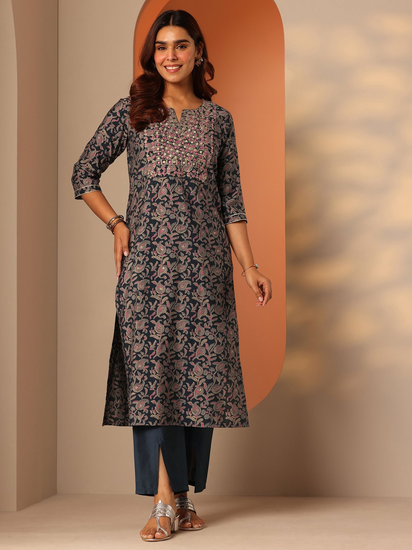Blue Printed Silk Blend Straight Kurta Set