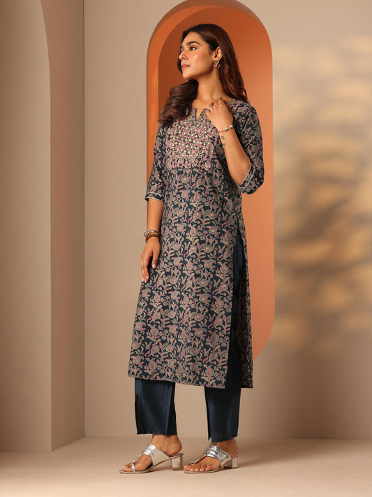 Blue Printed Silk Blend Straight Kurta Set