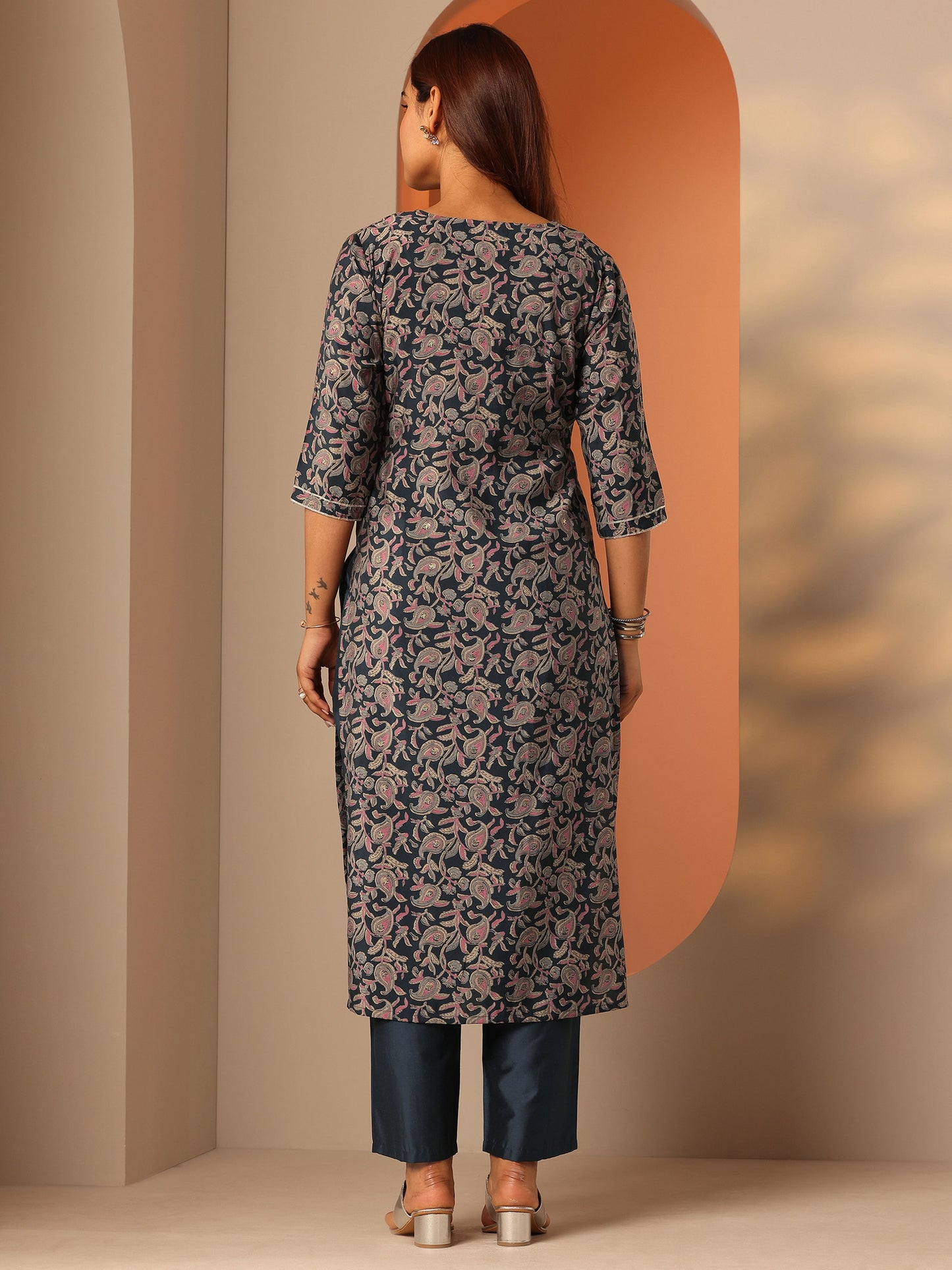 Blue Printed Silk Blend Straight Kurta Set