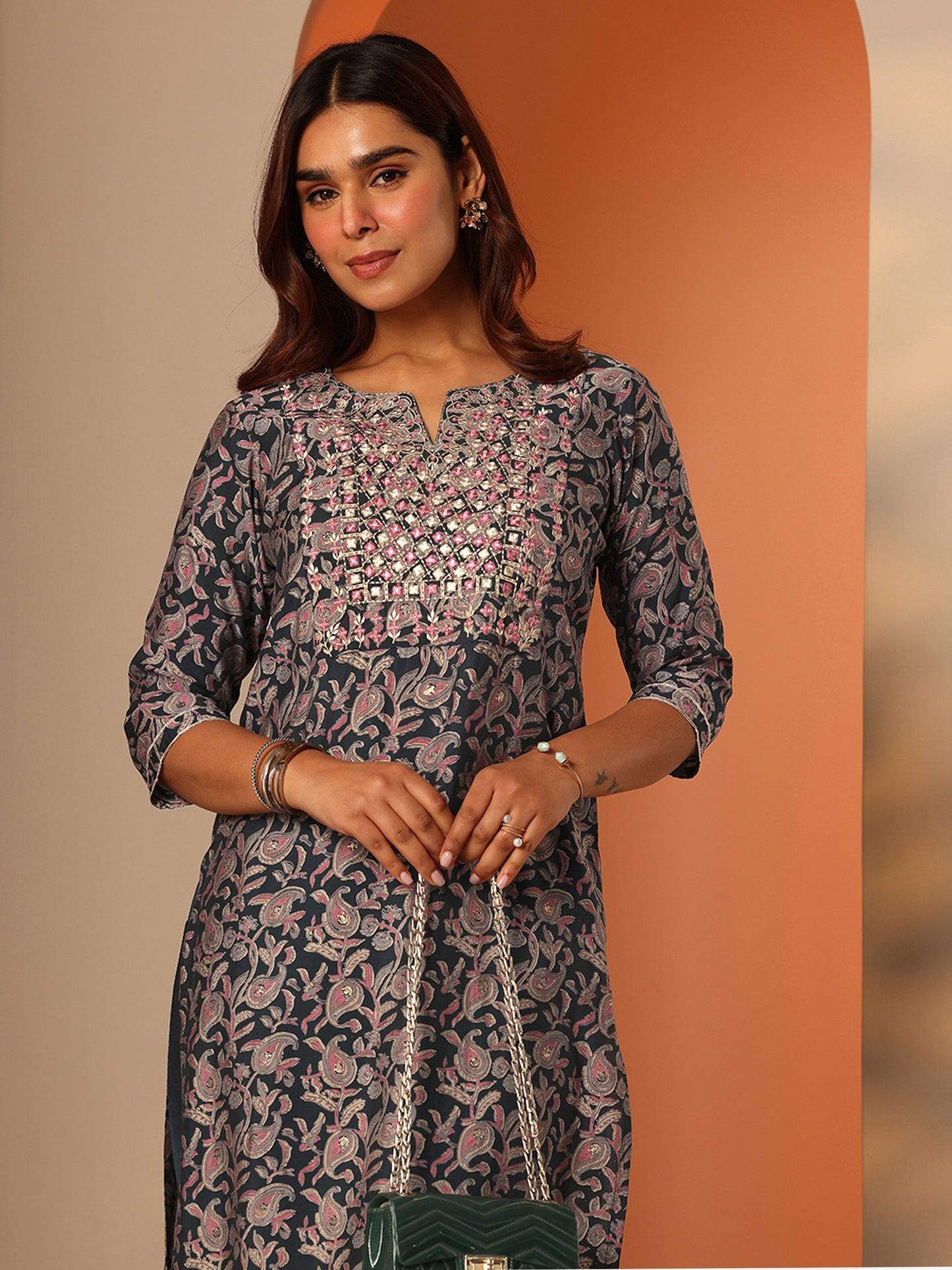 Blue Printed Silk Blend Straight Kurta Set