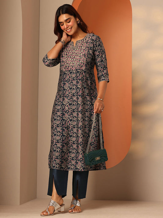 Blue Printed Silk Blend Straight Kurta Set