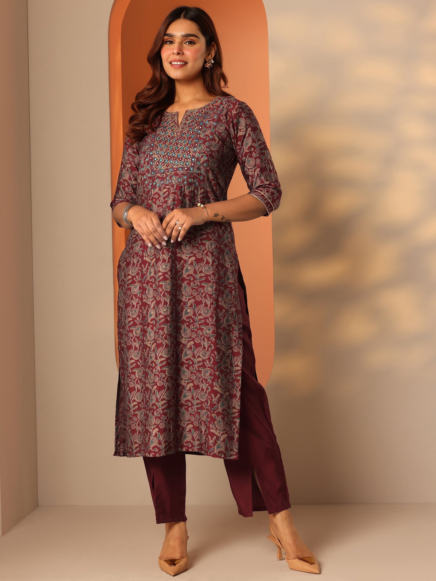 Maroon Printed Silk Blend Straight Kurta Set