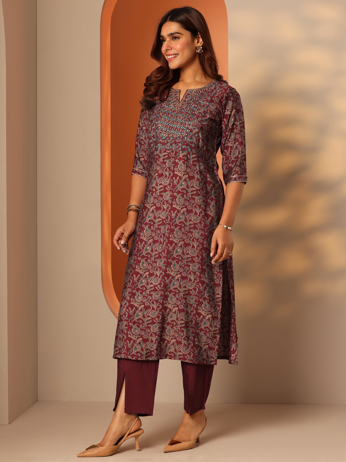 Maroon Printed Silk Blend Straight Kurta Set
