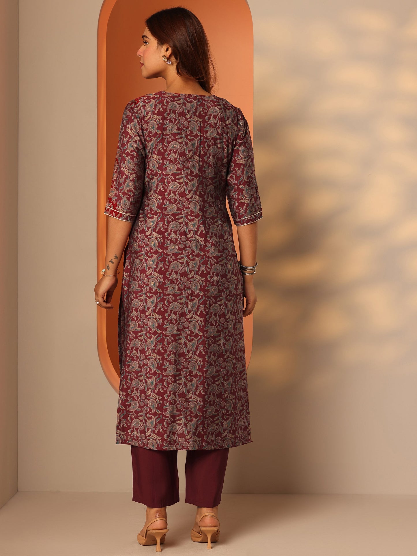 Maroon Printed Silk Blend Straight Kurta Set