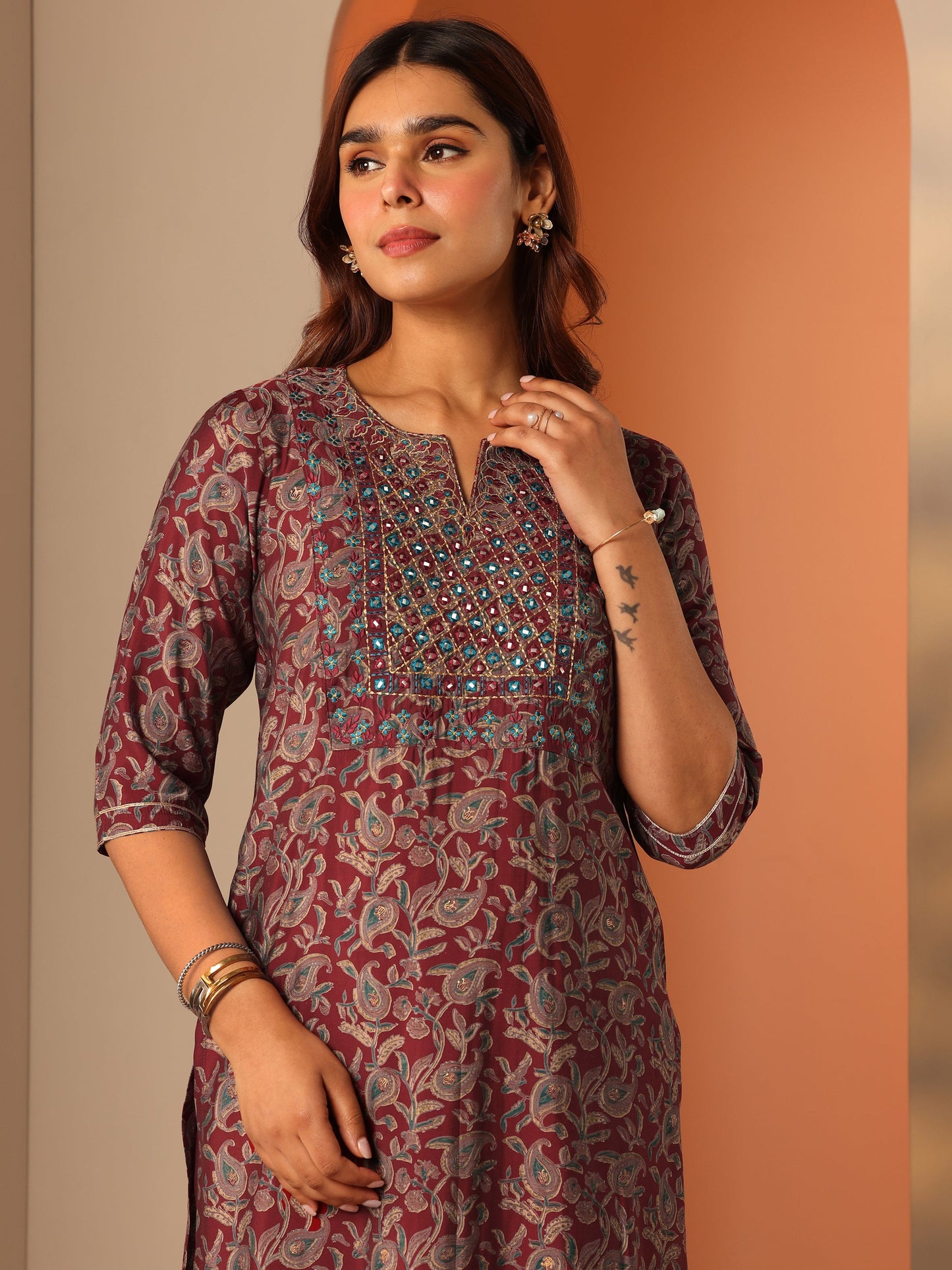 Maroon Printed Silk Blend Straight Kurta Set