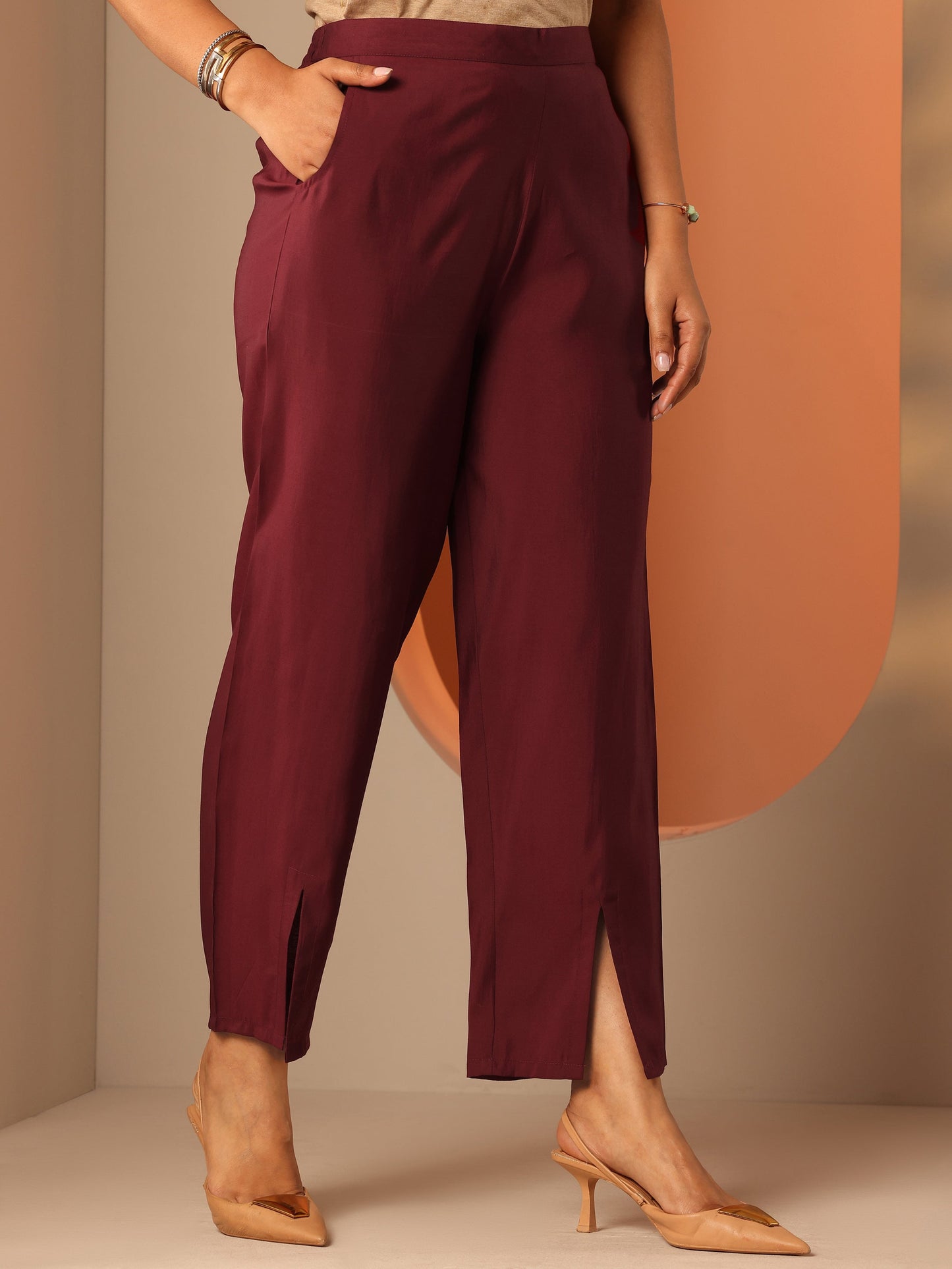 Maroon Printed Silk Blend Straight Kurta Set