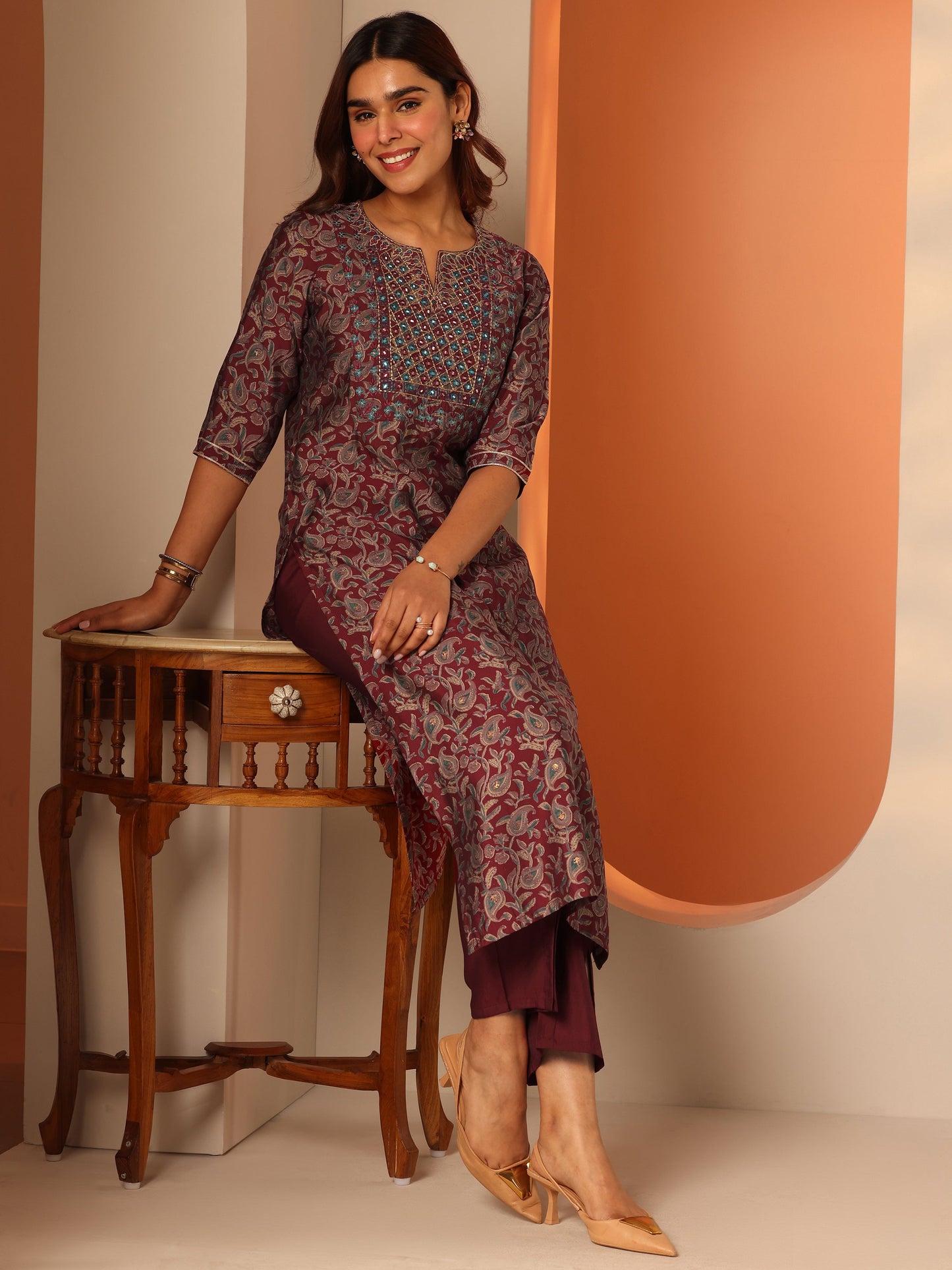 Maroon Printed Silk Blend Straight Kurta Set