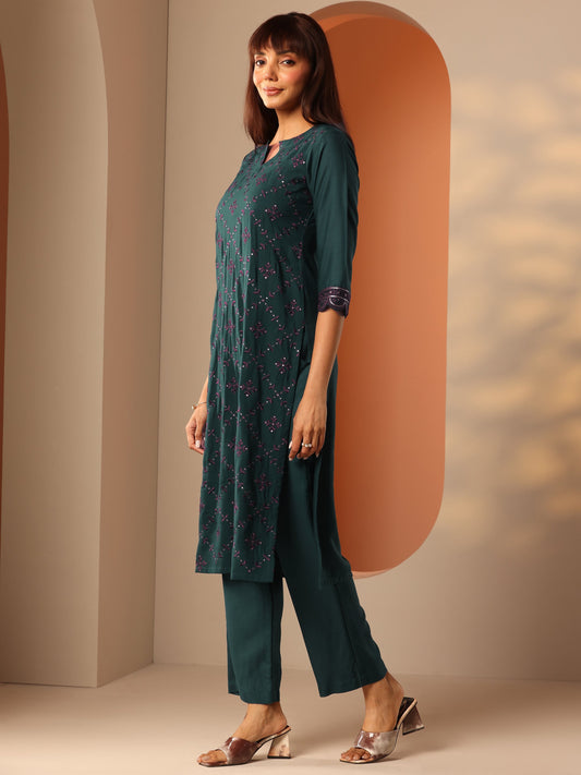 Green Embroidered Rayon Straight Kurta Set