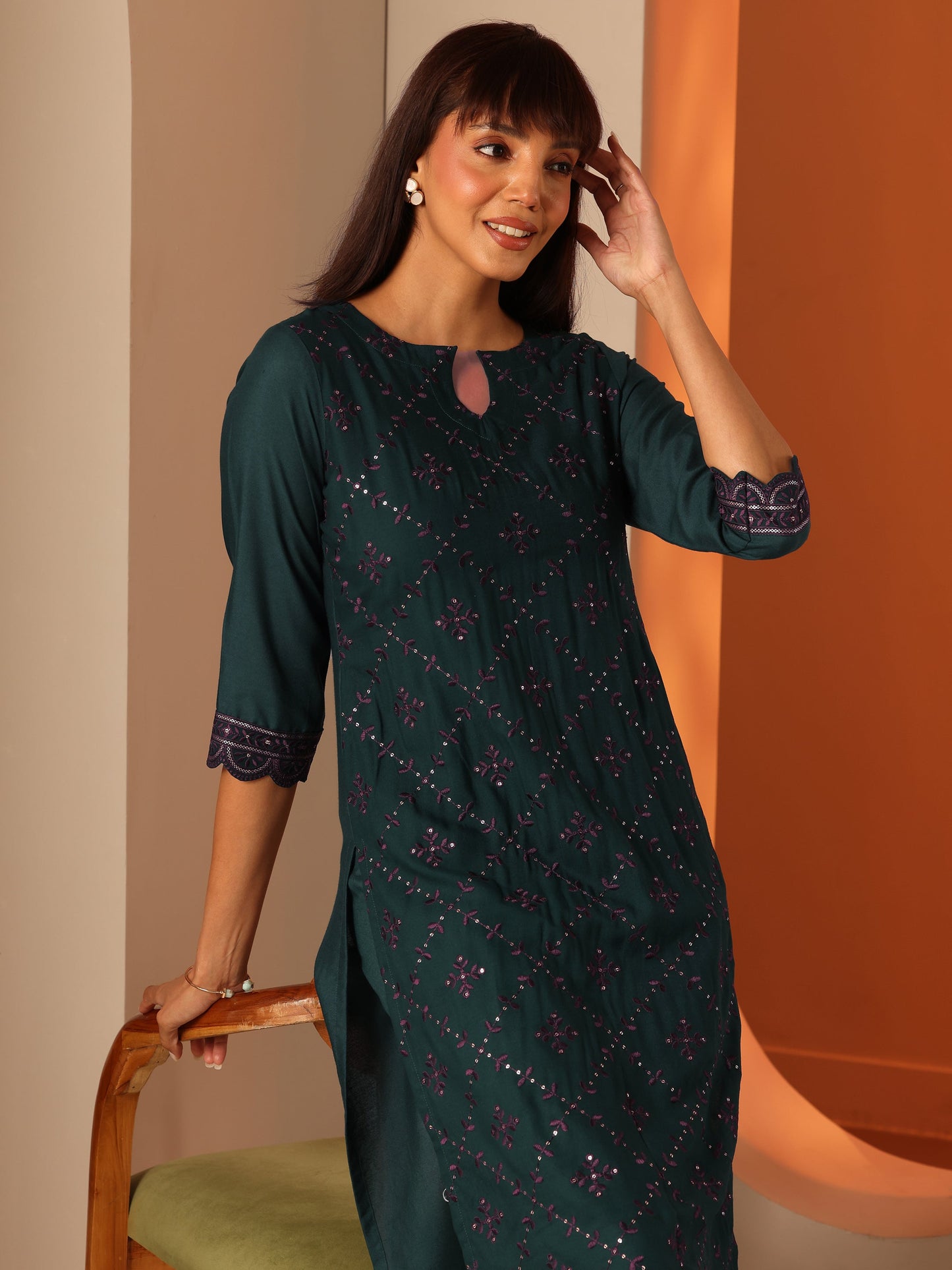 Green Embroidered Rayon Straight Kurta Set