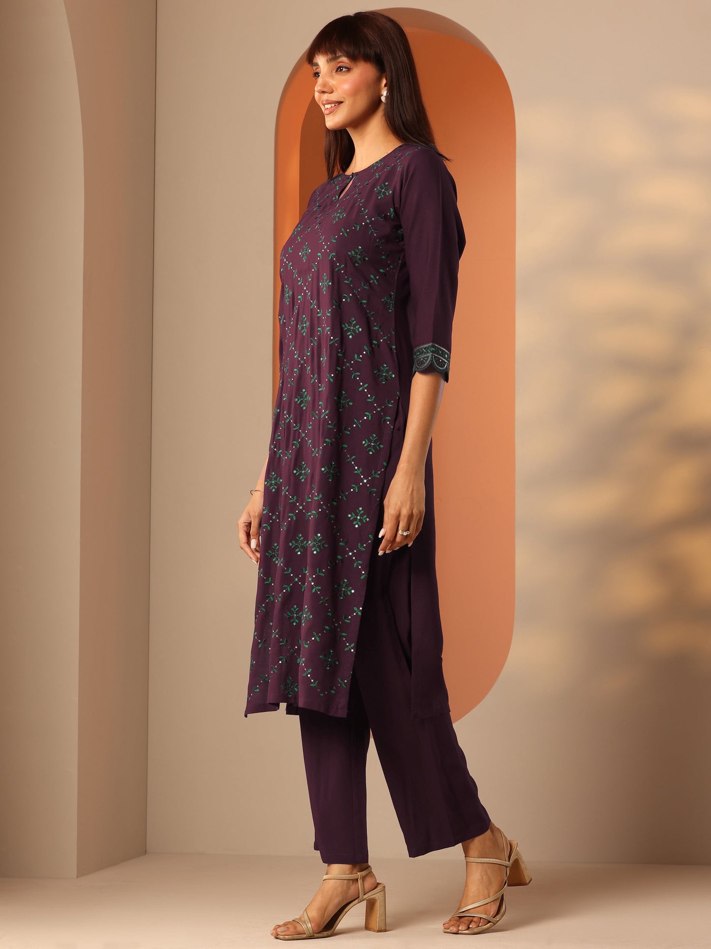 Burgundy Embroidered Rayon Straight Kurta Set