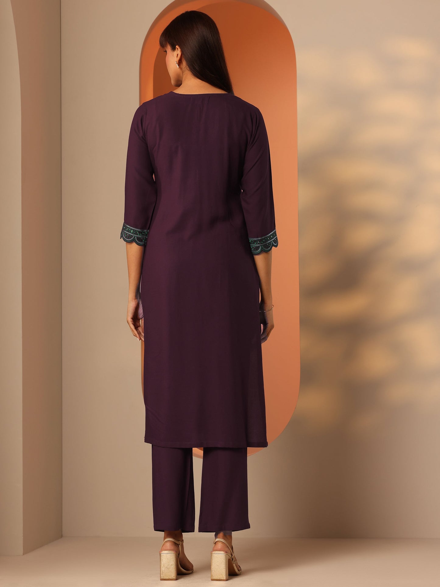 Burgundy Embroidered Rayon Straight Kurta Set