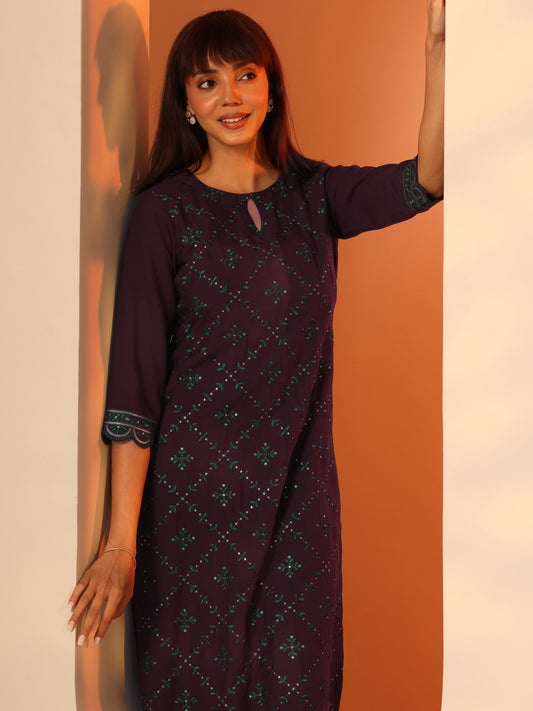 Burgundy Embroidered Rayon Straight Kurta Set