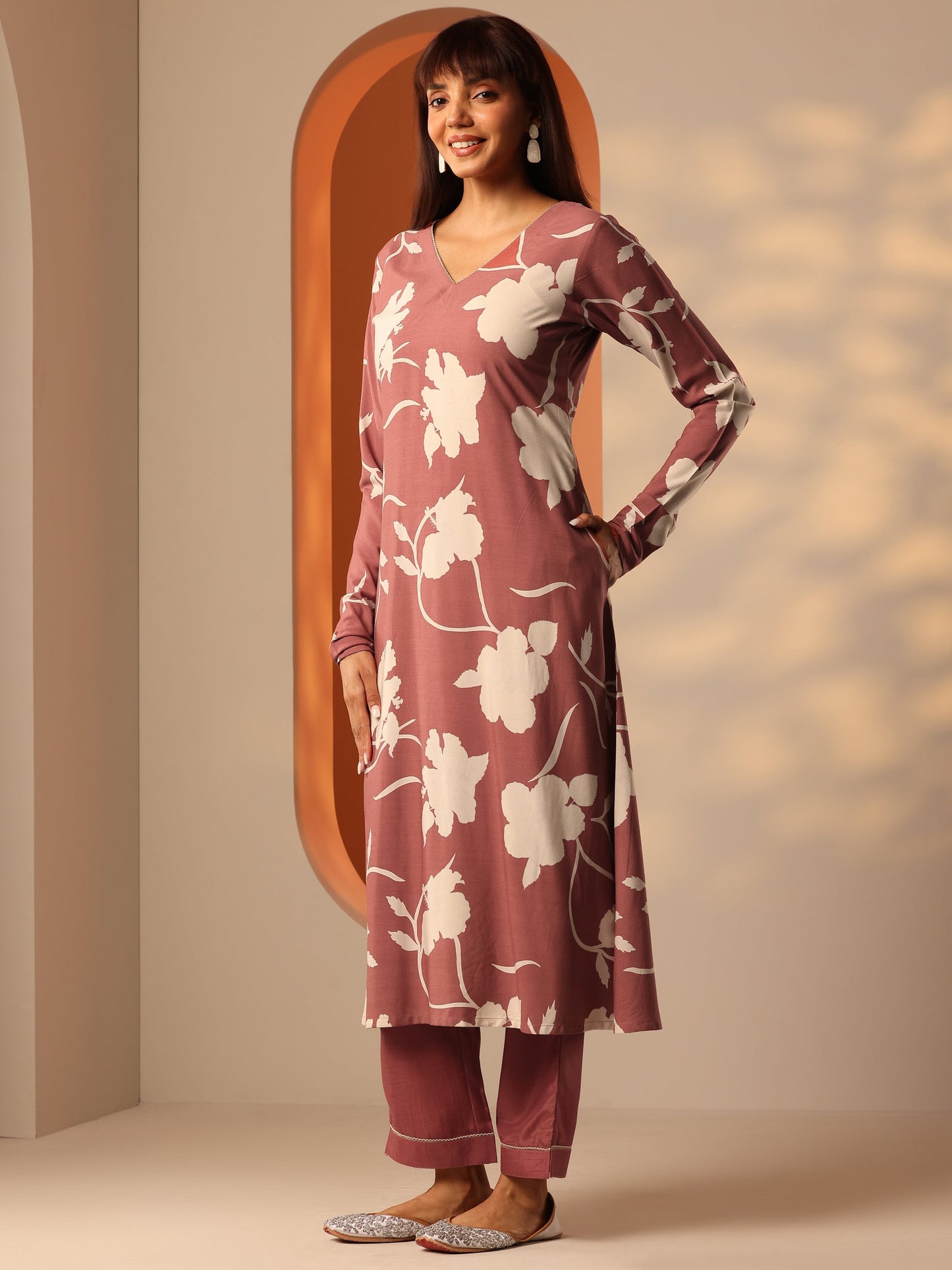 Brown Printed Rayon Straight Kurta Set