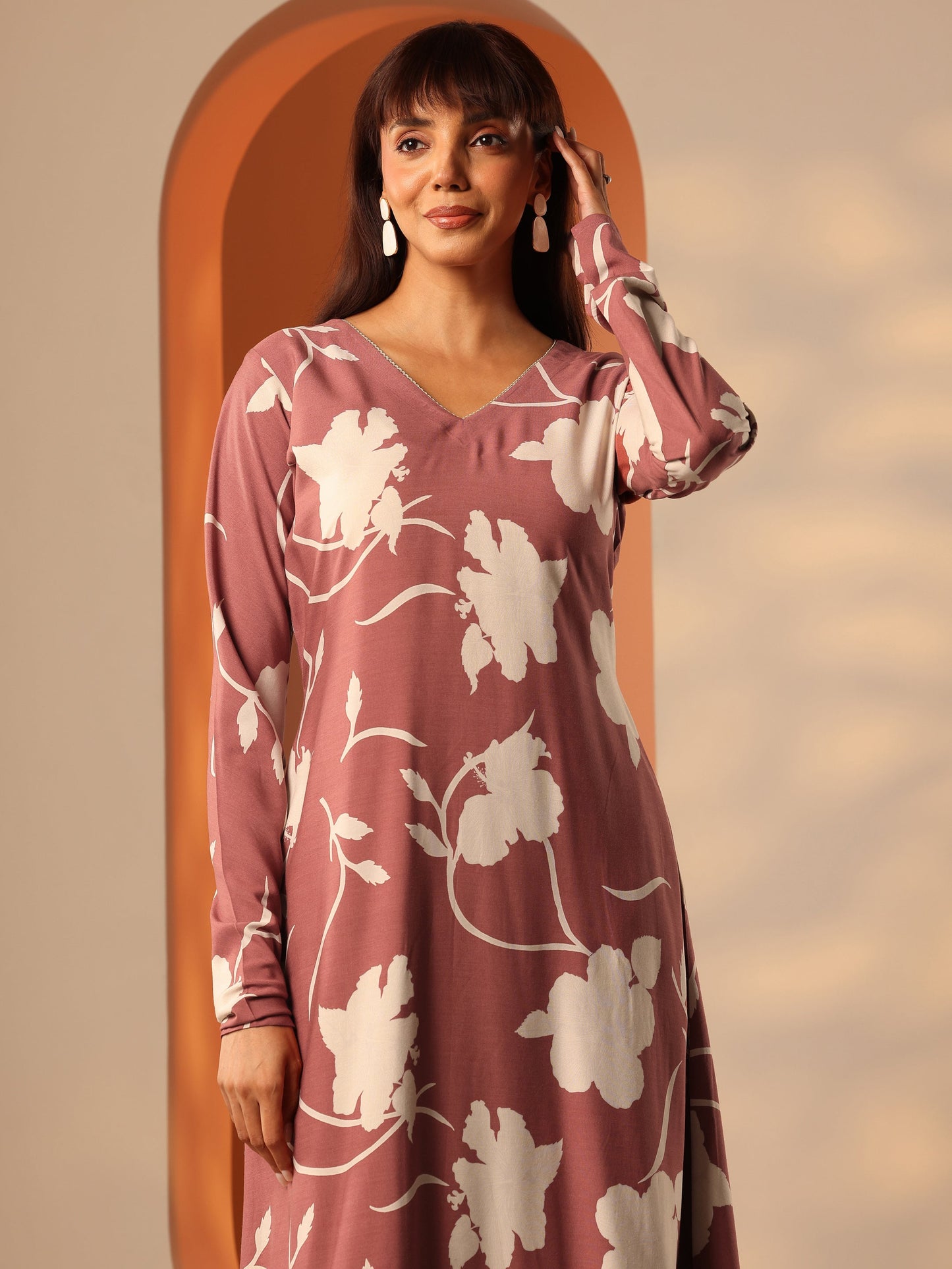 Brown Printed Rayon Straight Kurta Set