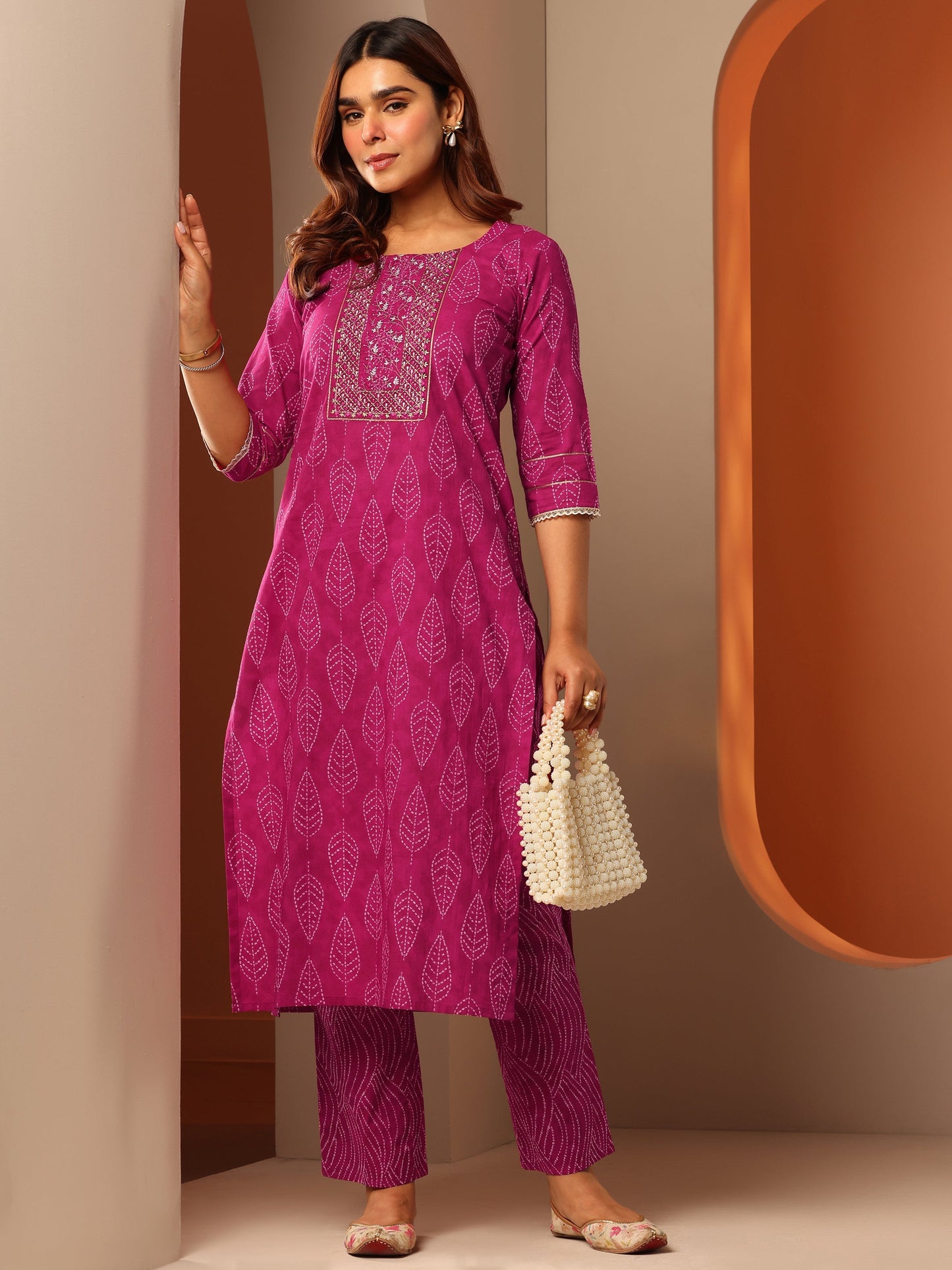 Pink Printed Cotton Straight Kurta Set