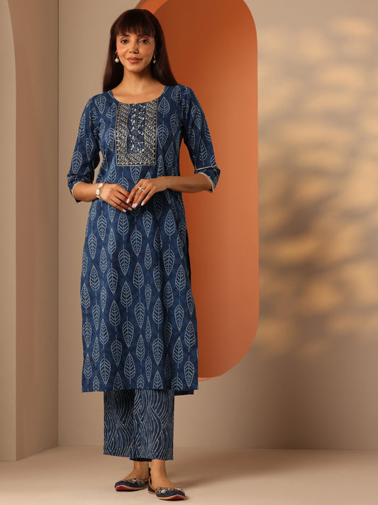 Blue Printed Cotton Straight Kurta Set