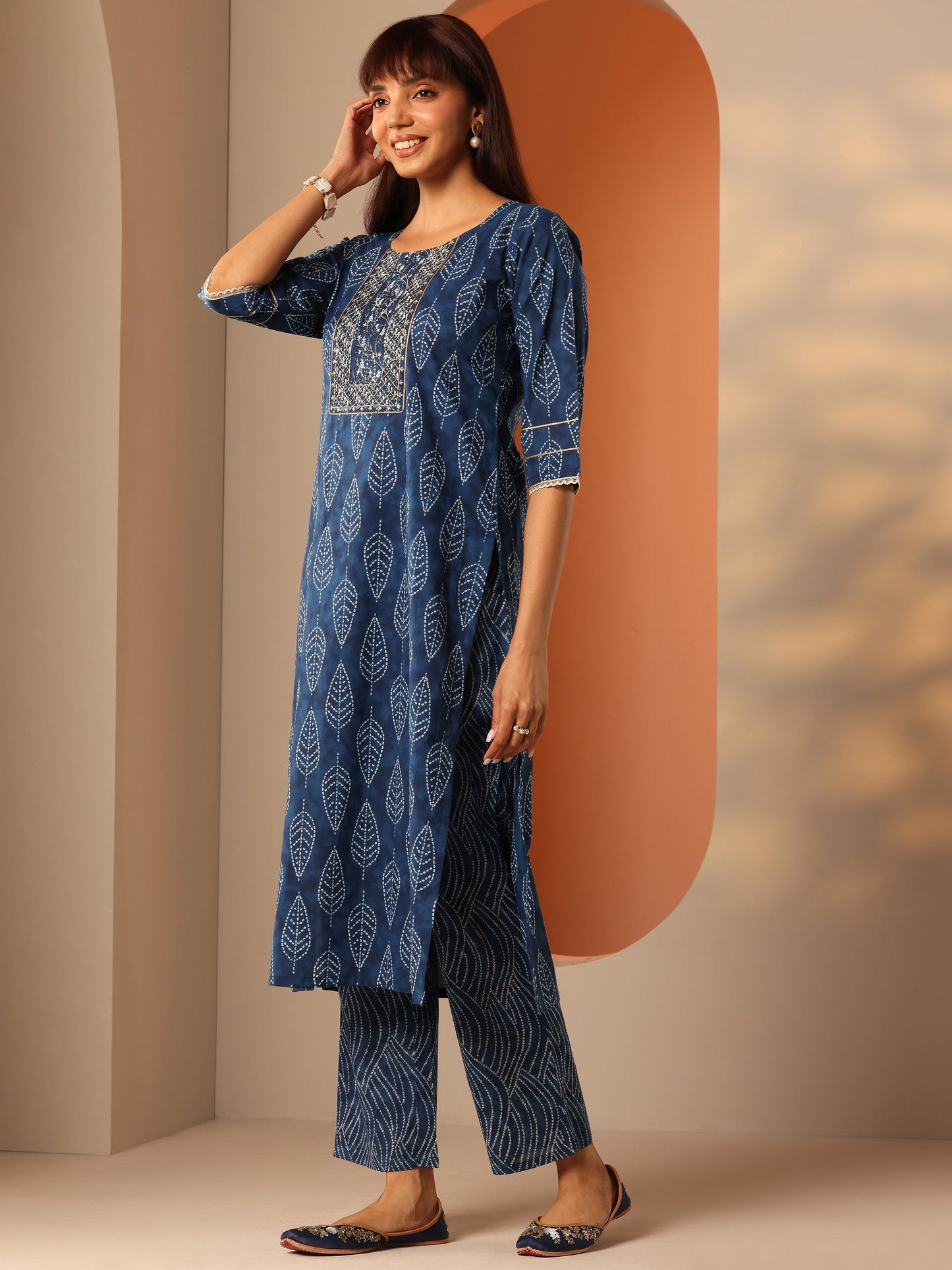 Blue Printed Cotton Straight Kurta Set