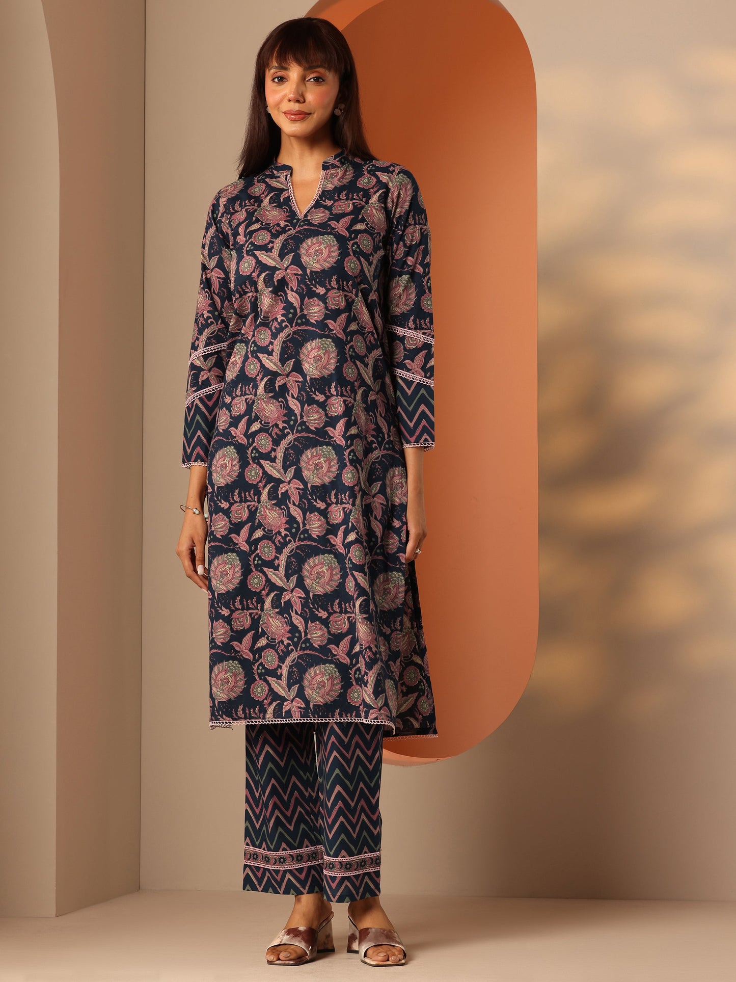Blue Printed Cotton Straight Kurta Set