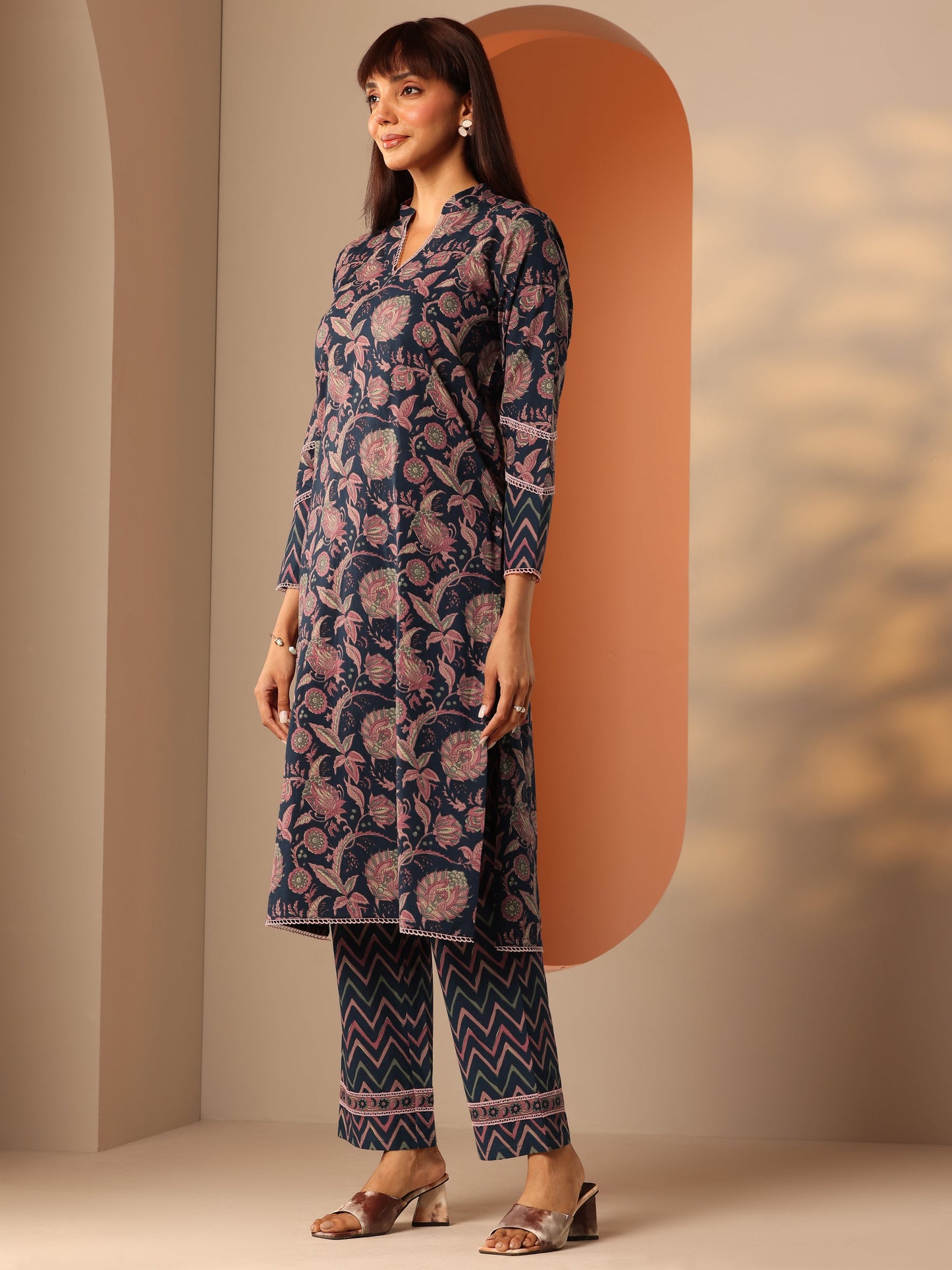 Blue Printed Cotton Straight Kurta Set