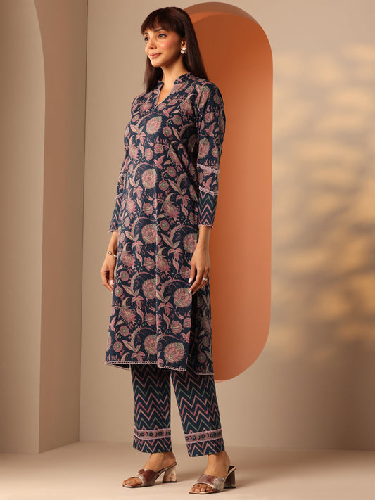 Blue Printed Cotton Straight Kurta Set