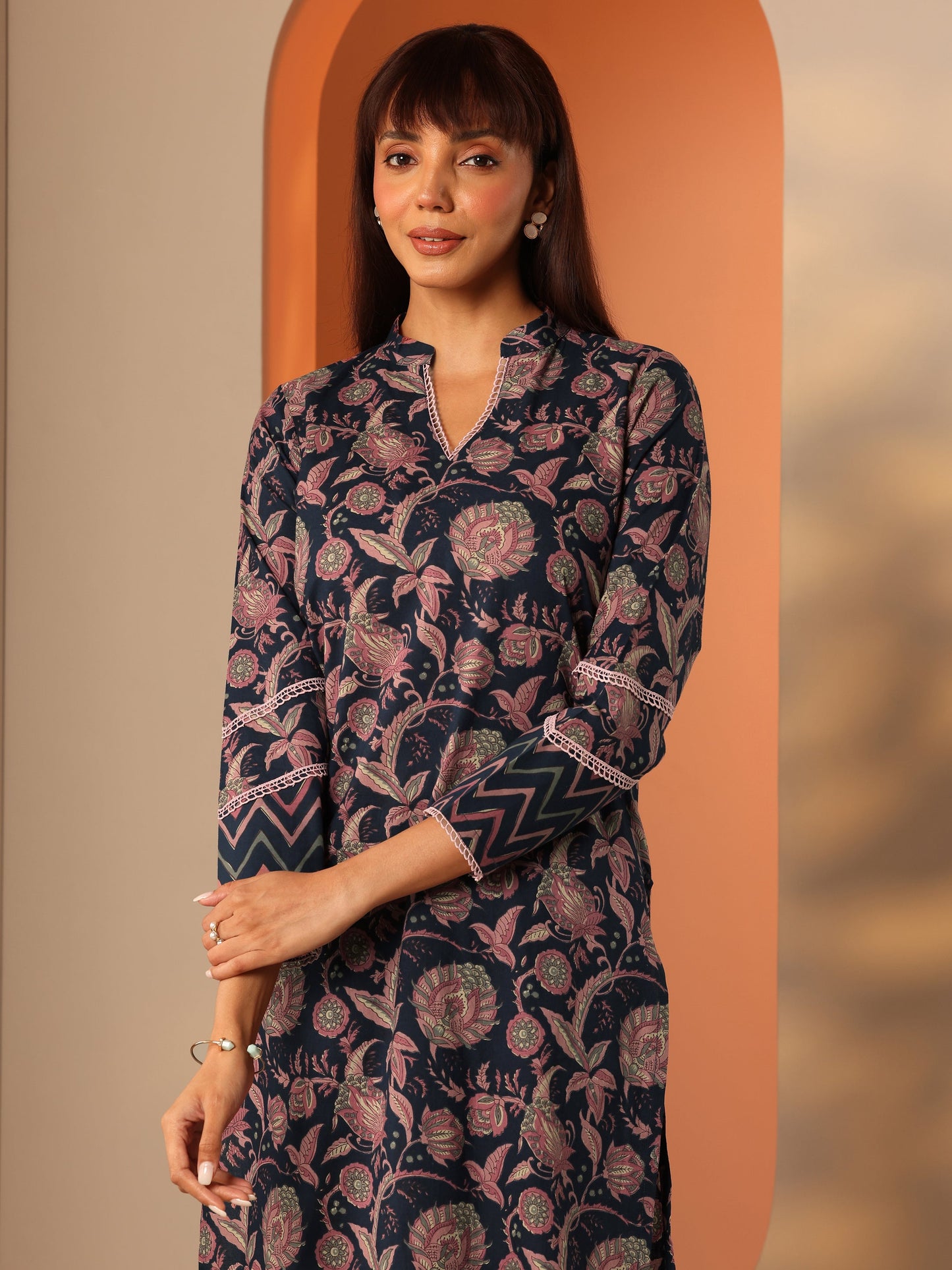 Blue Printed Cotton Straight Kurta Set