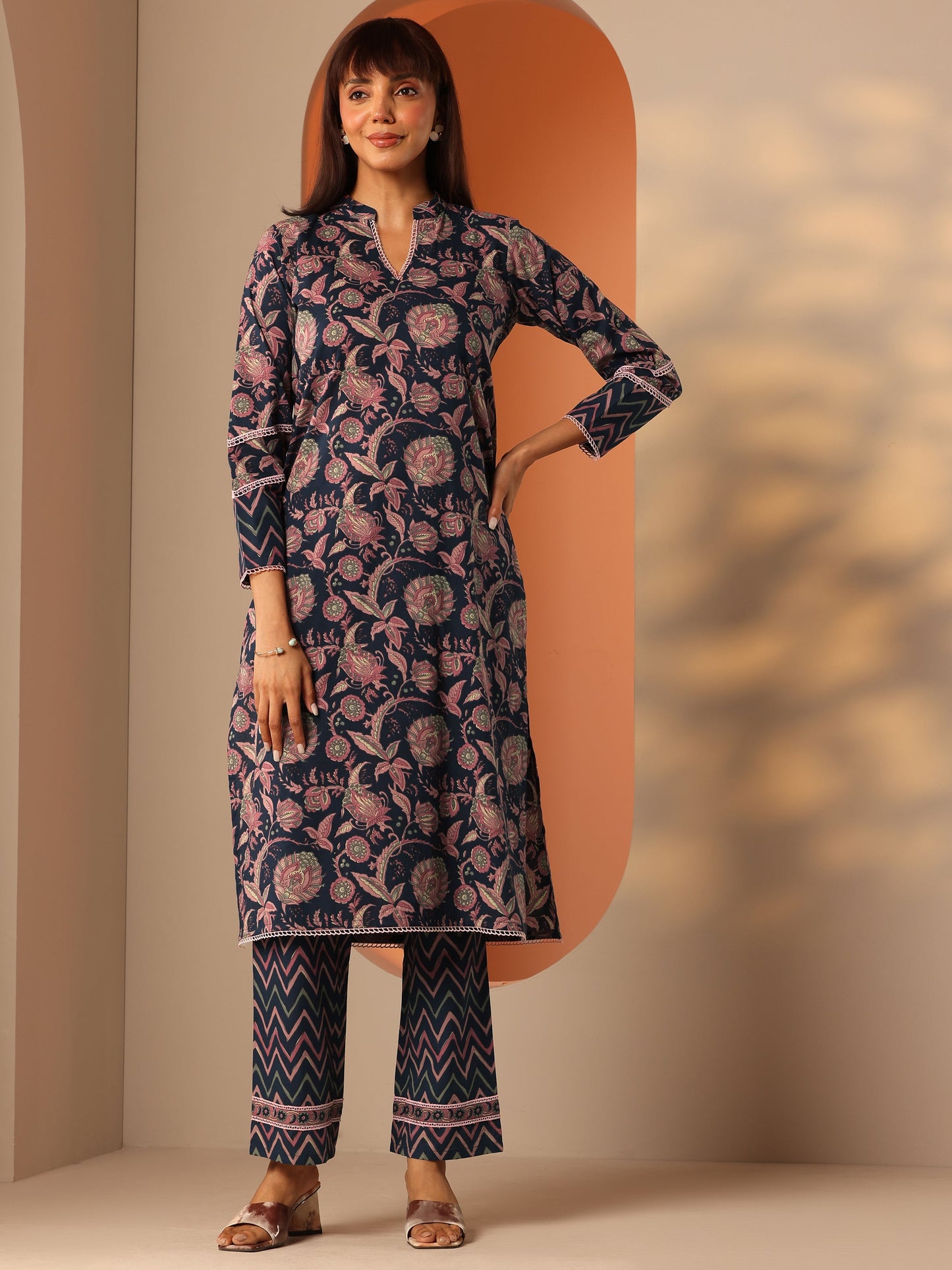 Blue Printed Cotton Straight Kurta Set