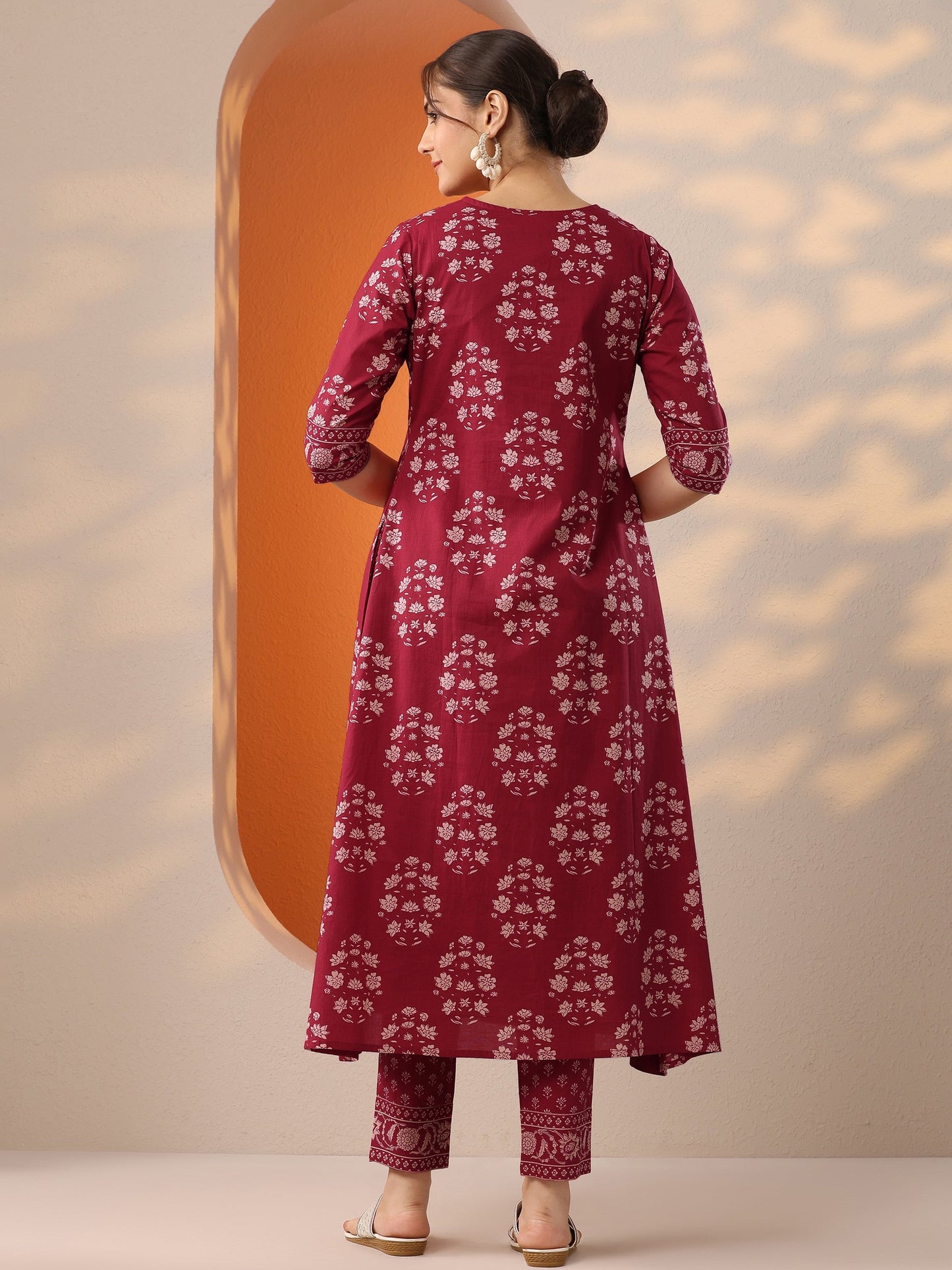 Red Printed Cotton Anarkali Suit Set With Jacket