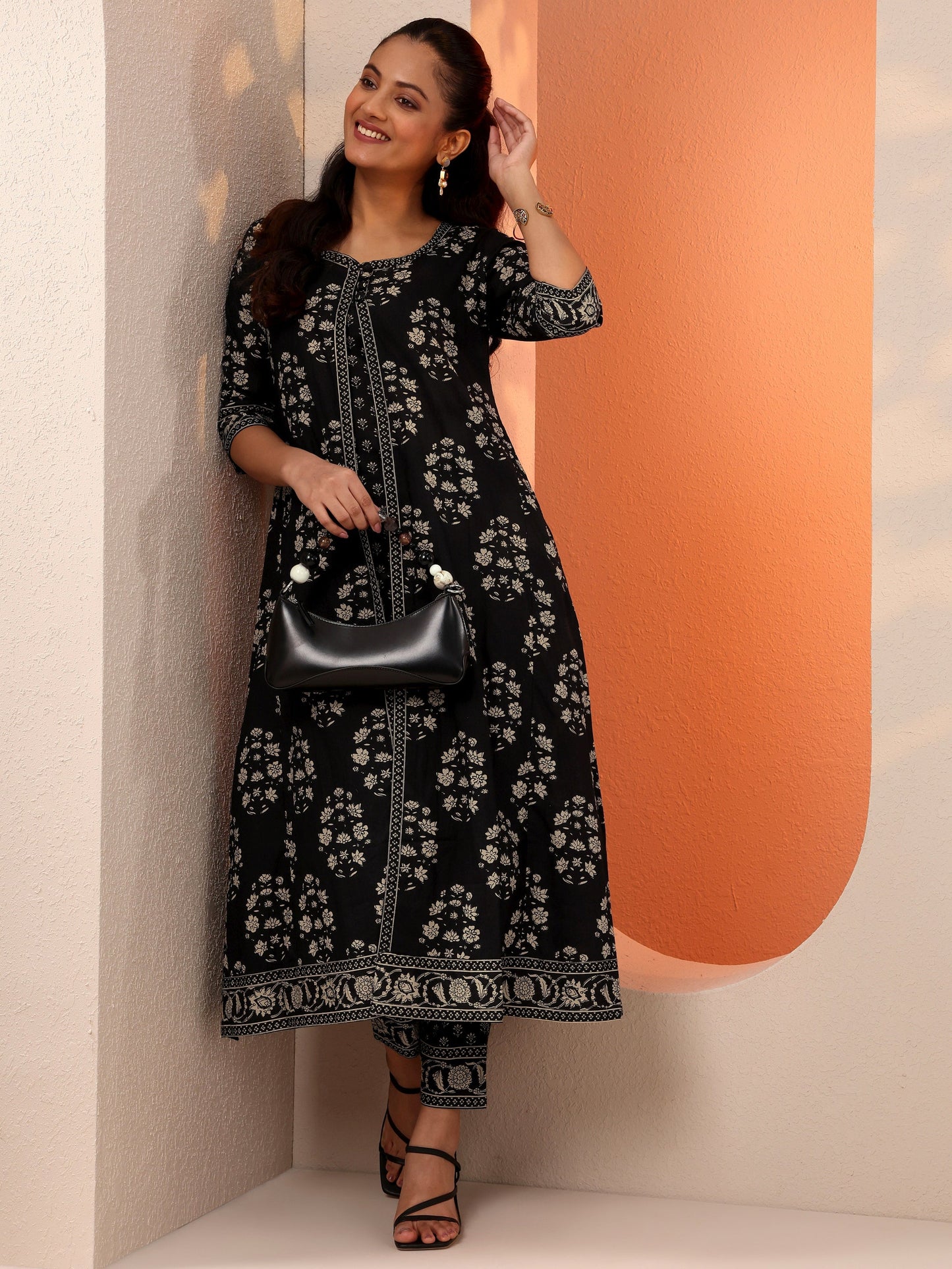 Black Printed Cotton A-Line Suit Set With Jacket