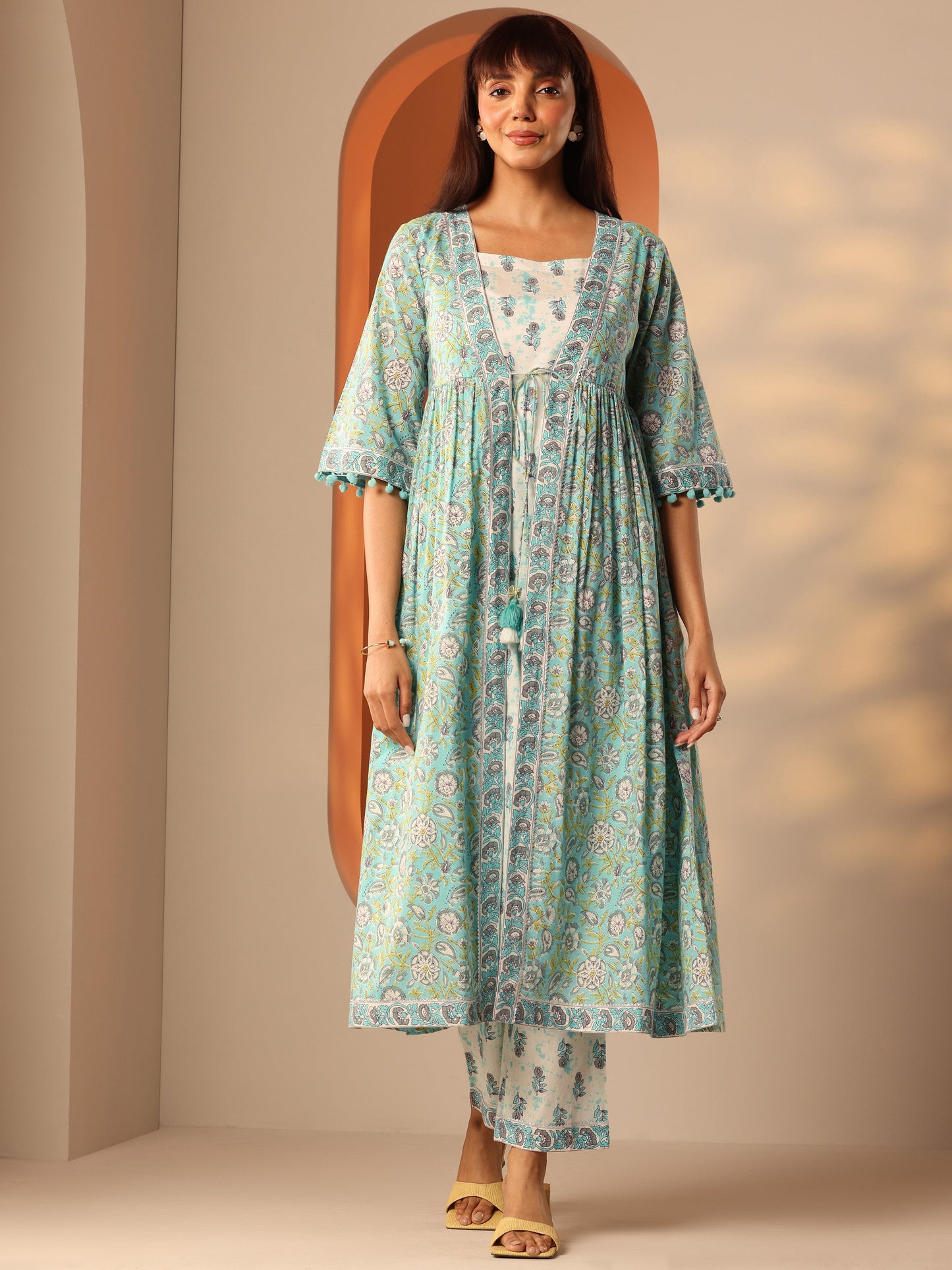 Blue Printed Cotton A-Line Suit Set With Jacket