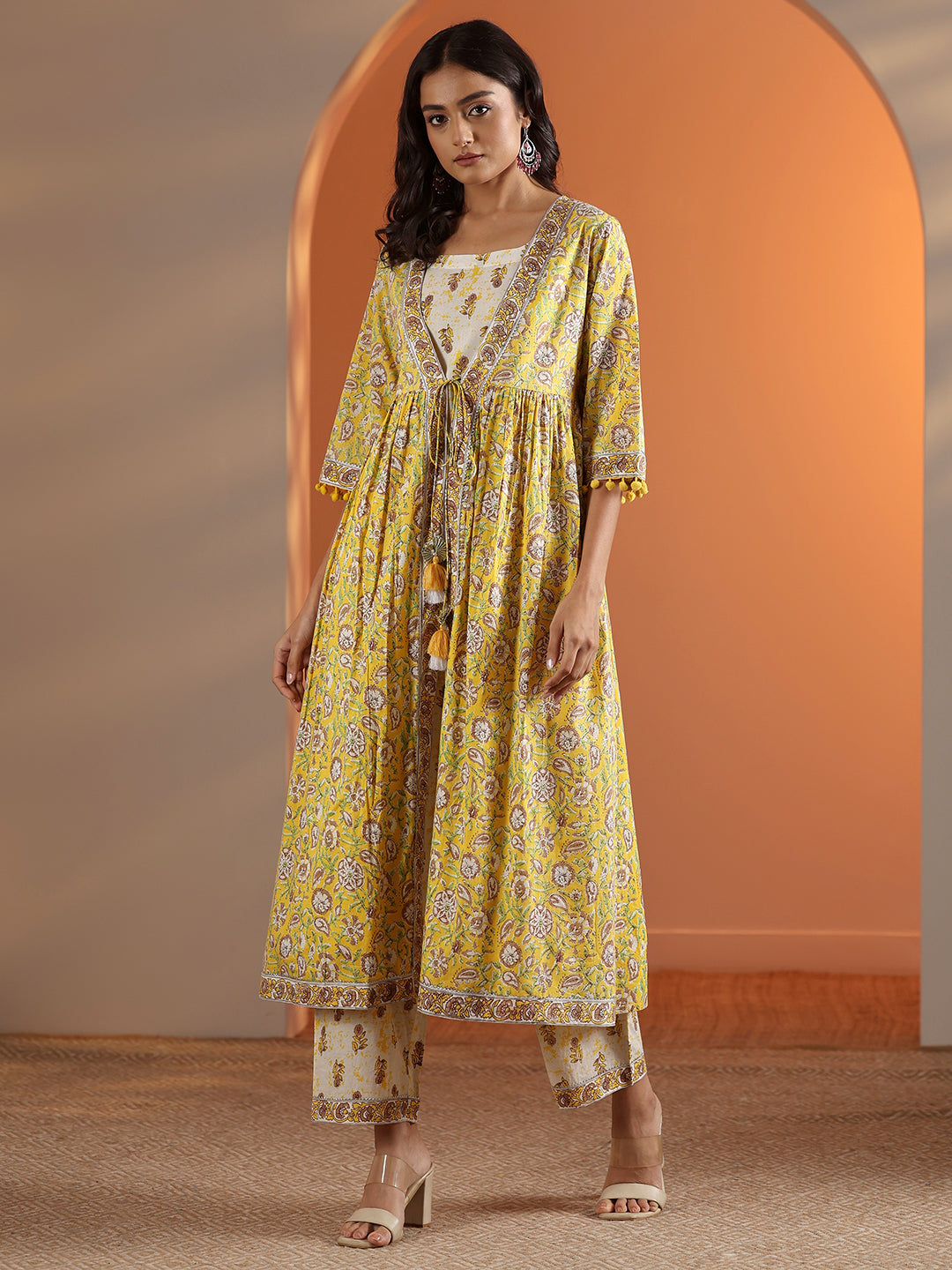 Yellow Printed Cotton A-Line Kurta Set