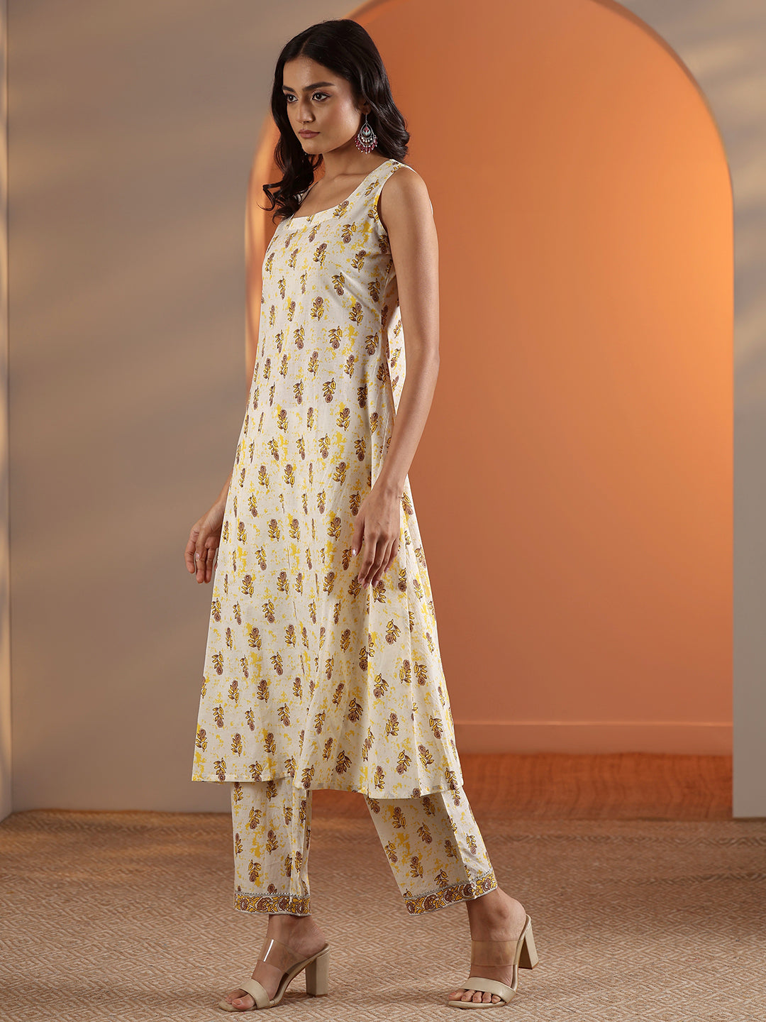 Yellow Printed Cotton A-Line Kurta Set