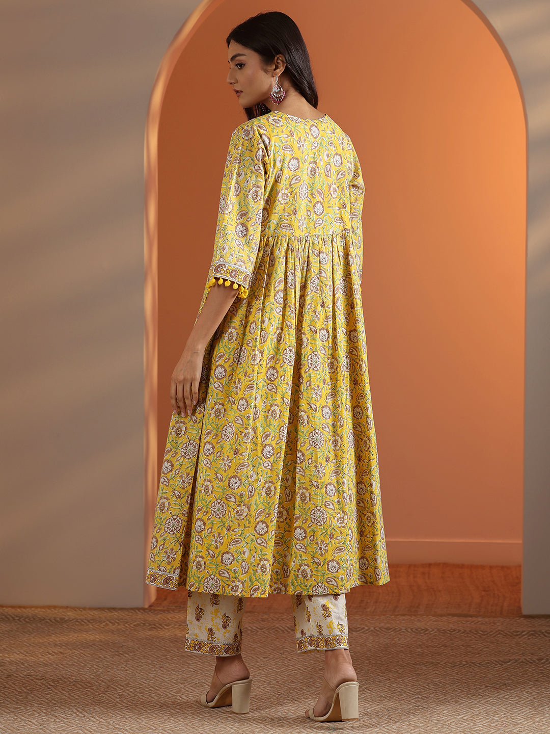 Yellow Printed Cotton A-Line Kurta Set