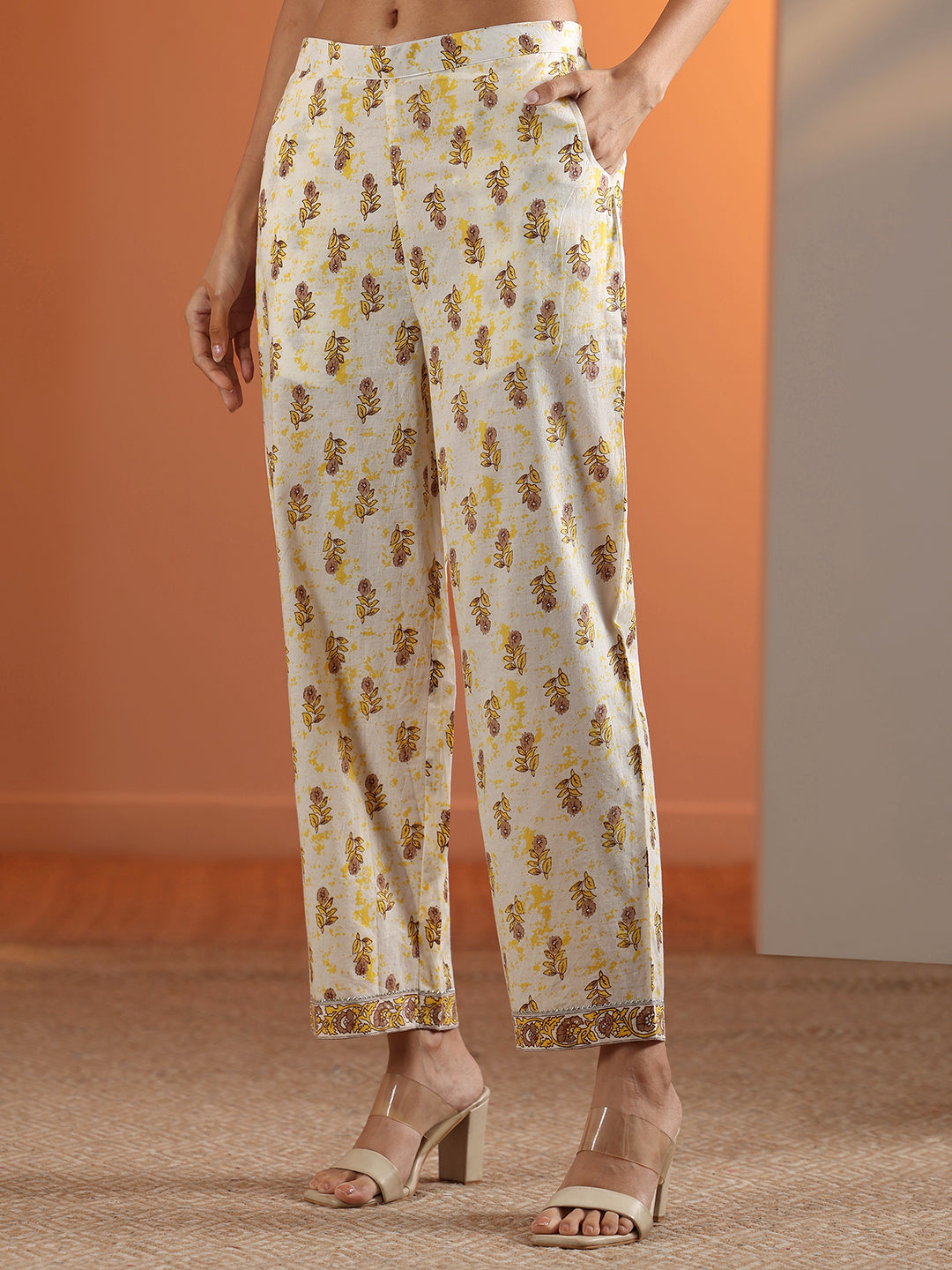 Yellow Printed Cotton A-Line Kurta Set