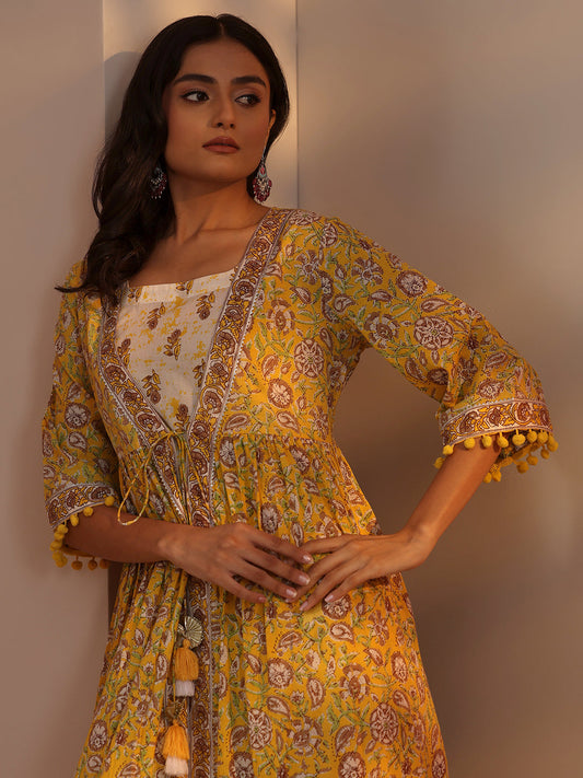 Yellow Printed Cotton A-Line Kurta Set