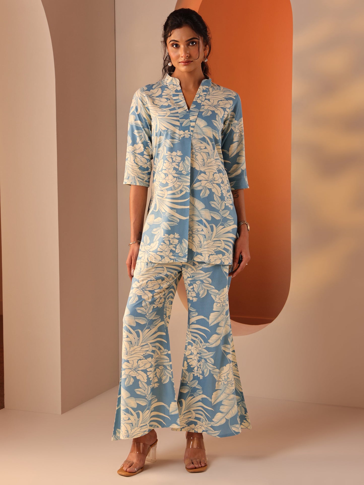 Blue Printed Rayon Straight Co-Ord Sets