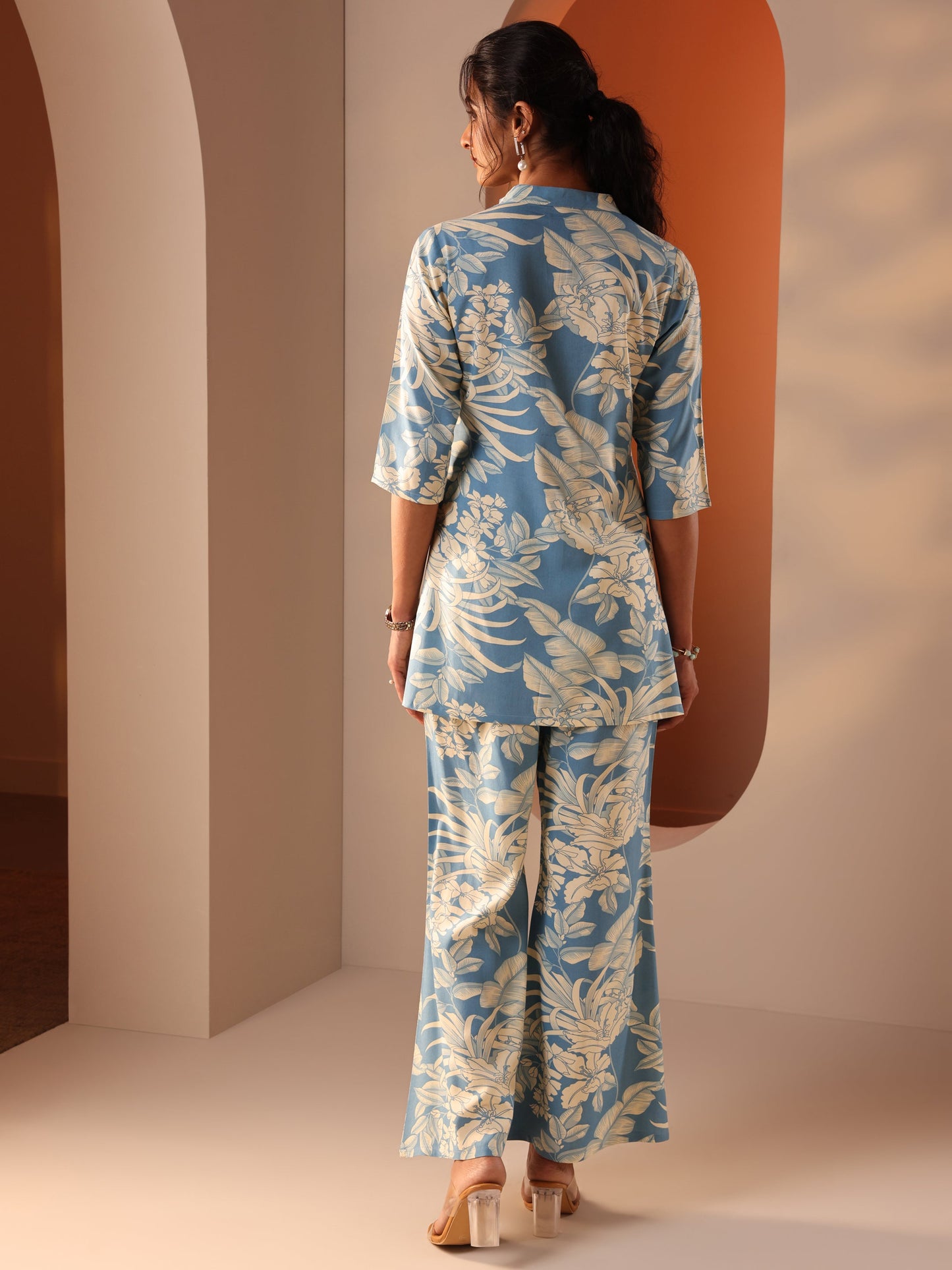 Blue Printed Rayon Straight Co-Ord Sets