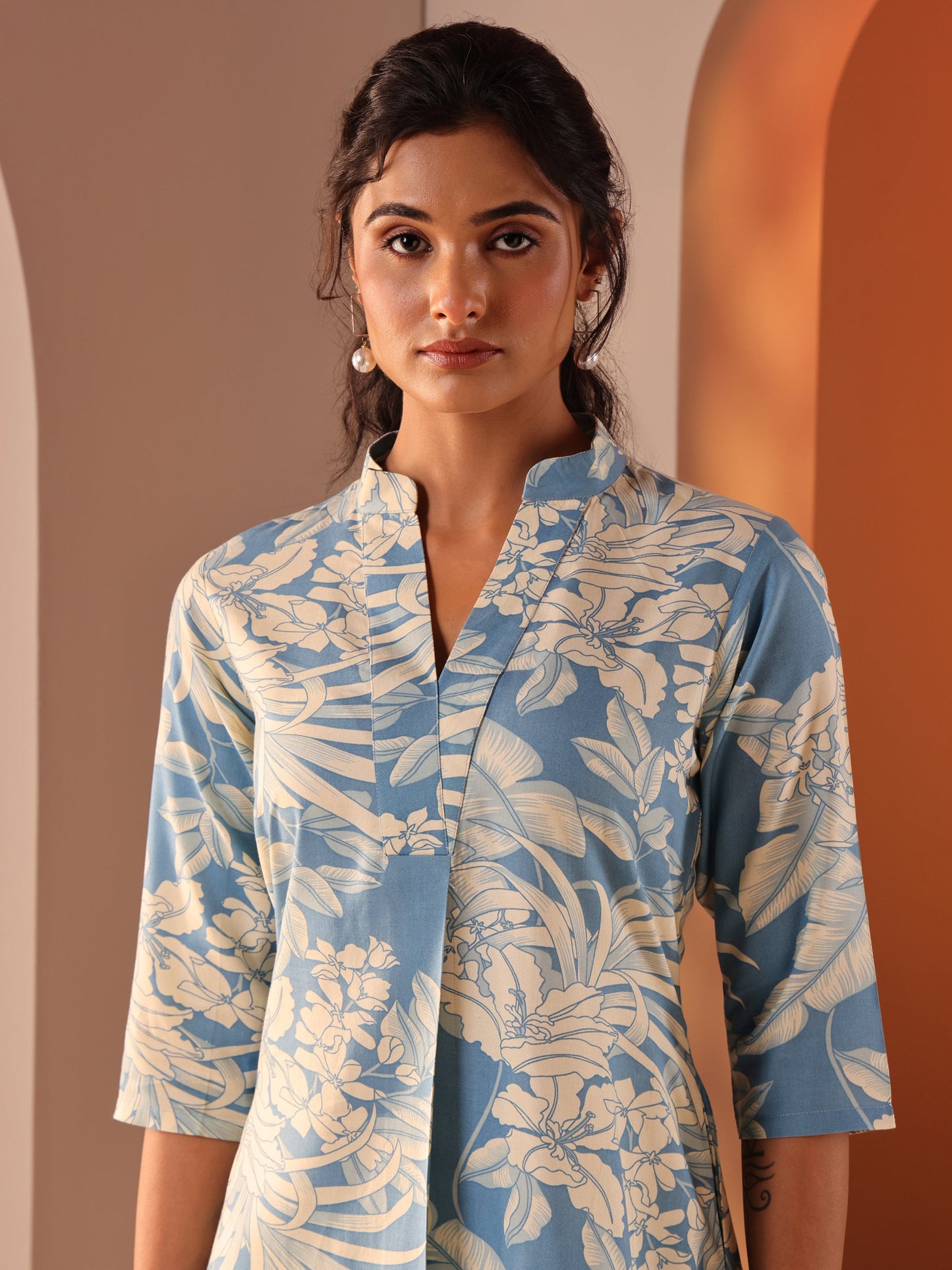 Blue Printed Rayon Straight Co-Ord Sets