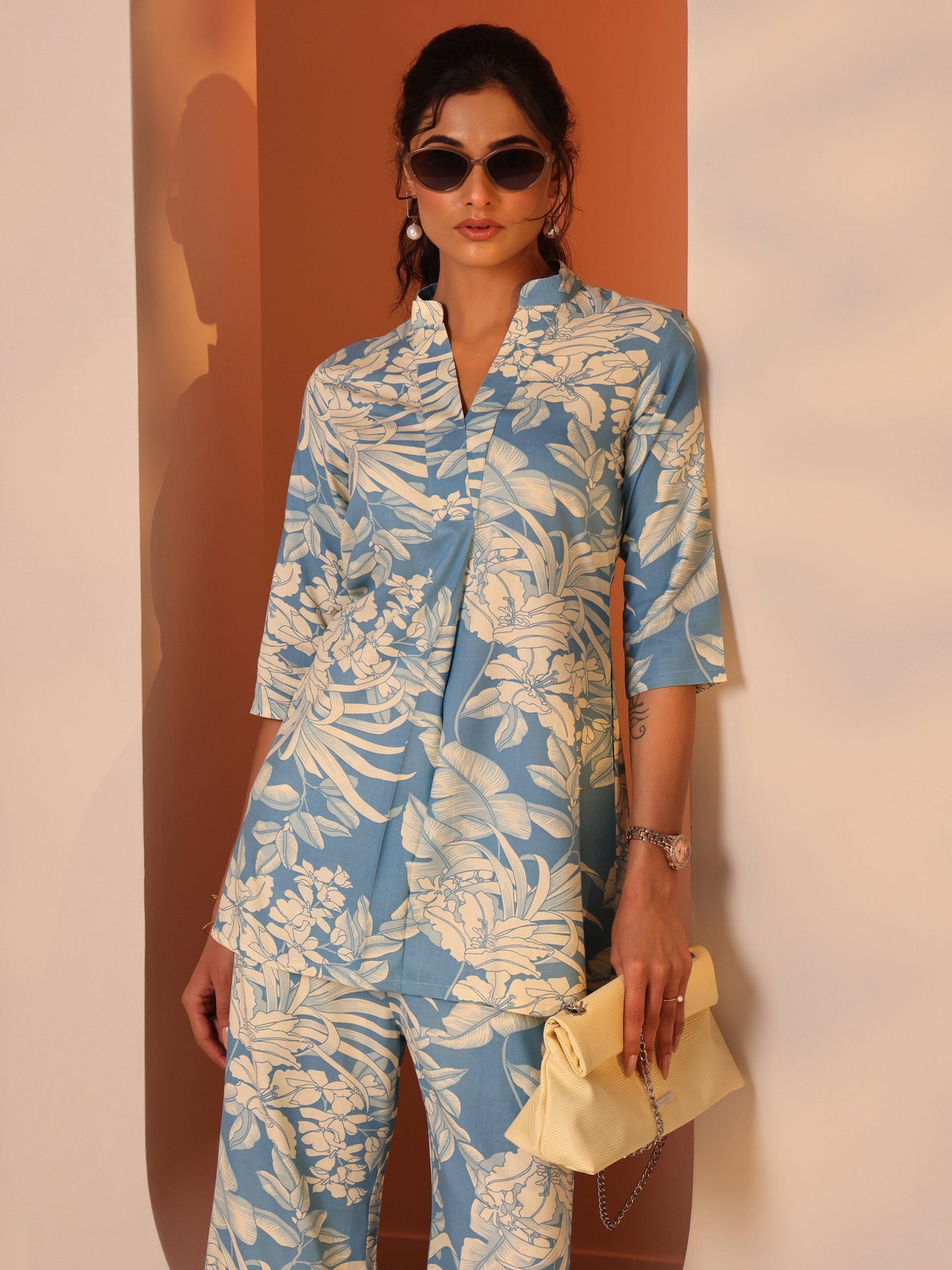 Blue Printed Rayon Straight Co-Ord Sets