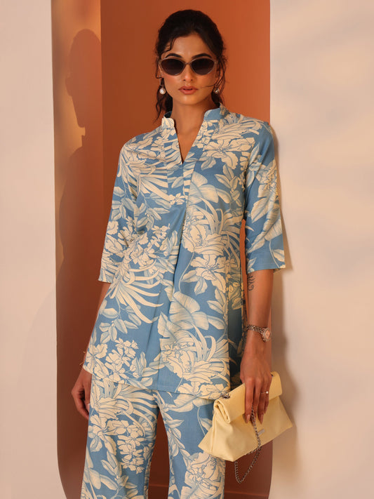 Blue Printed Rayon Straight Co-Ord Sets