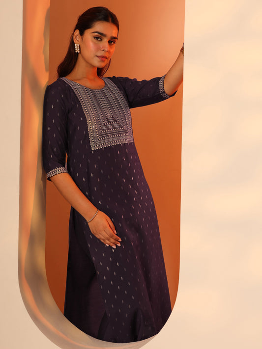 Burgundy Embellished Silk Blend Straight Kurta Set