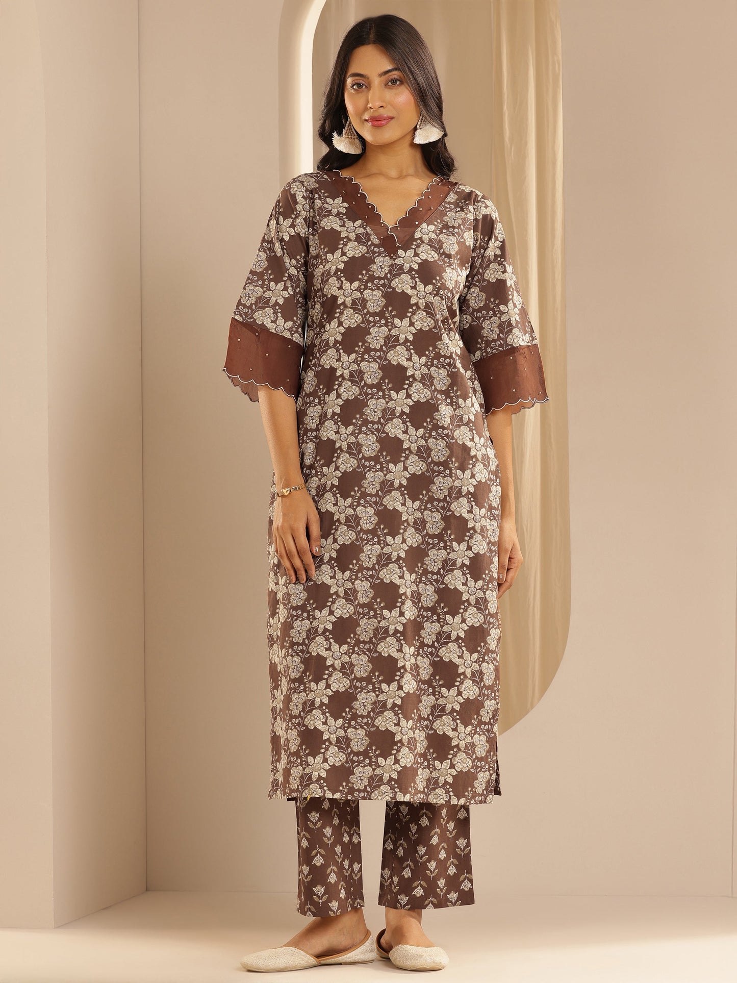 Brown Printed Cotton Straight Kurta Set